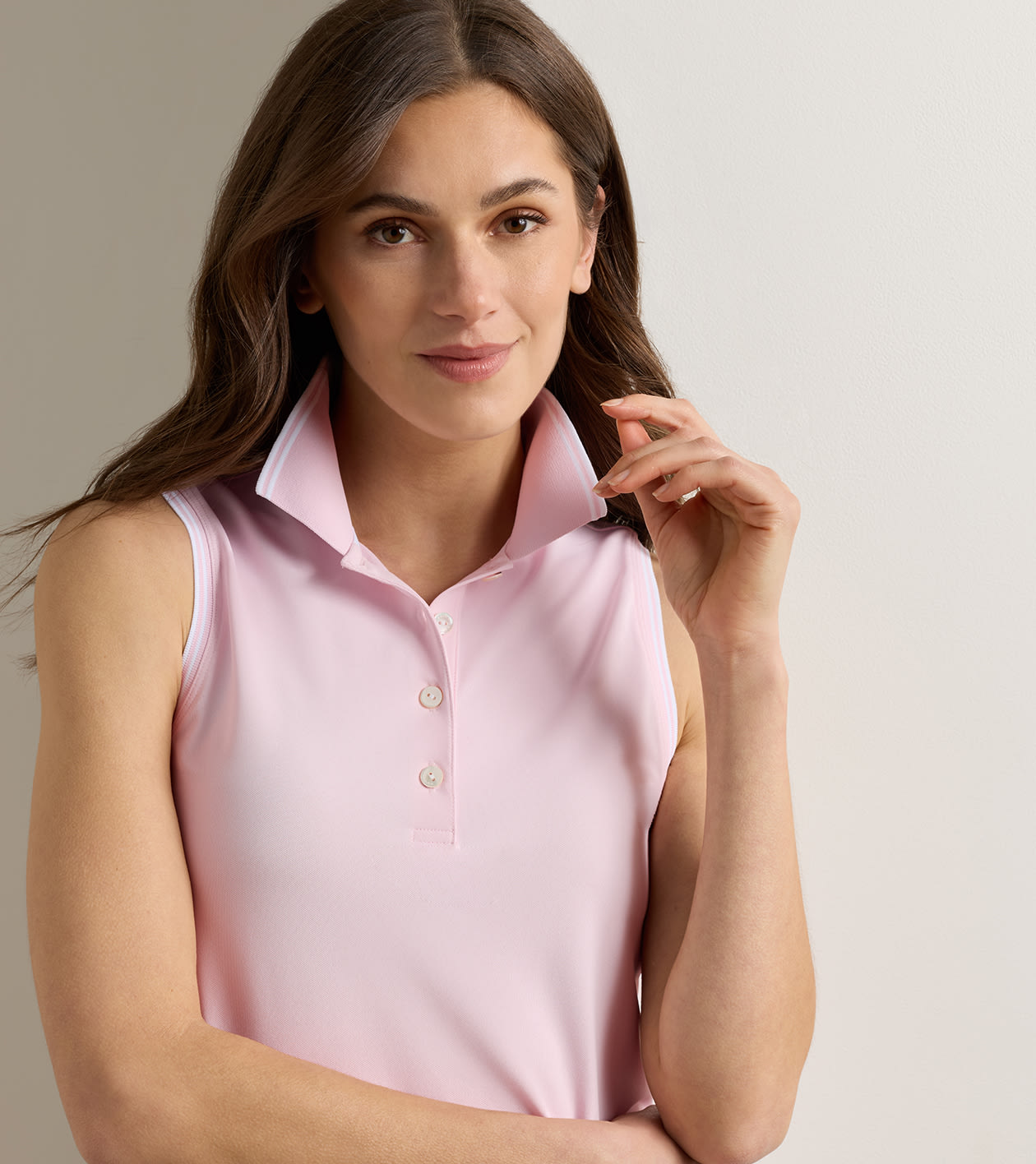 Canterbury Tipped Sport Mesh Sleeveless Polo in PEARL PINK/WHITE - Alternate Image 4