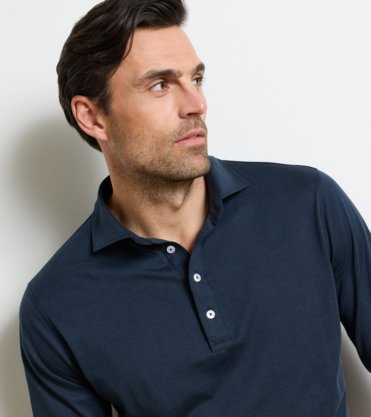 Ashby Silk Cotton Long-Sleeve Polo in Navy - Alternate Image 3