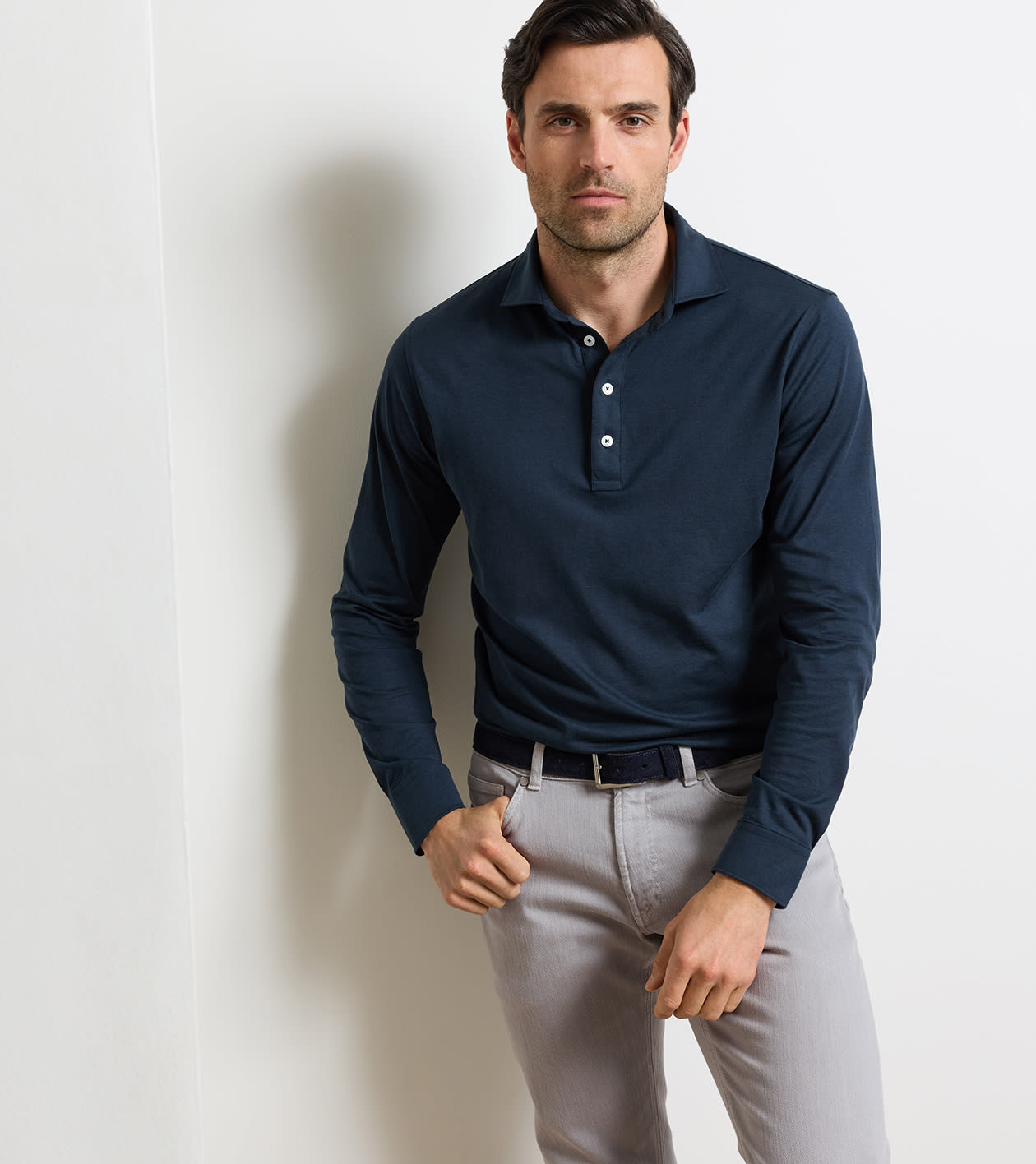 Ashby Silk Cotton Long-Sleeve Polo in Navy - Alternate Image 1