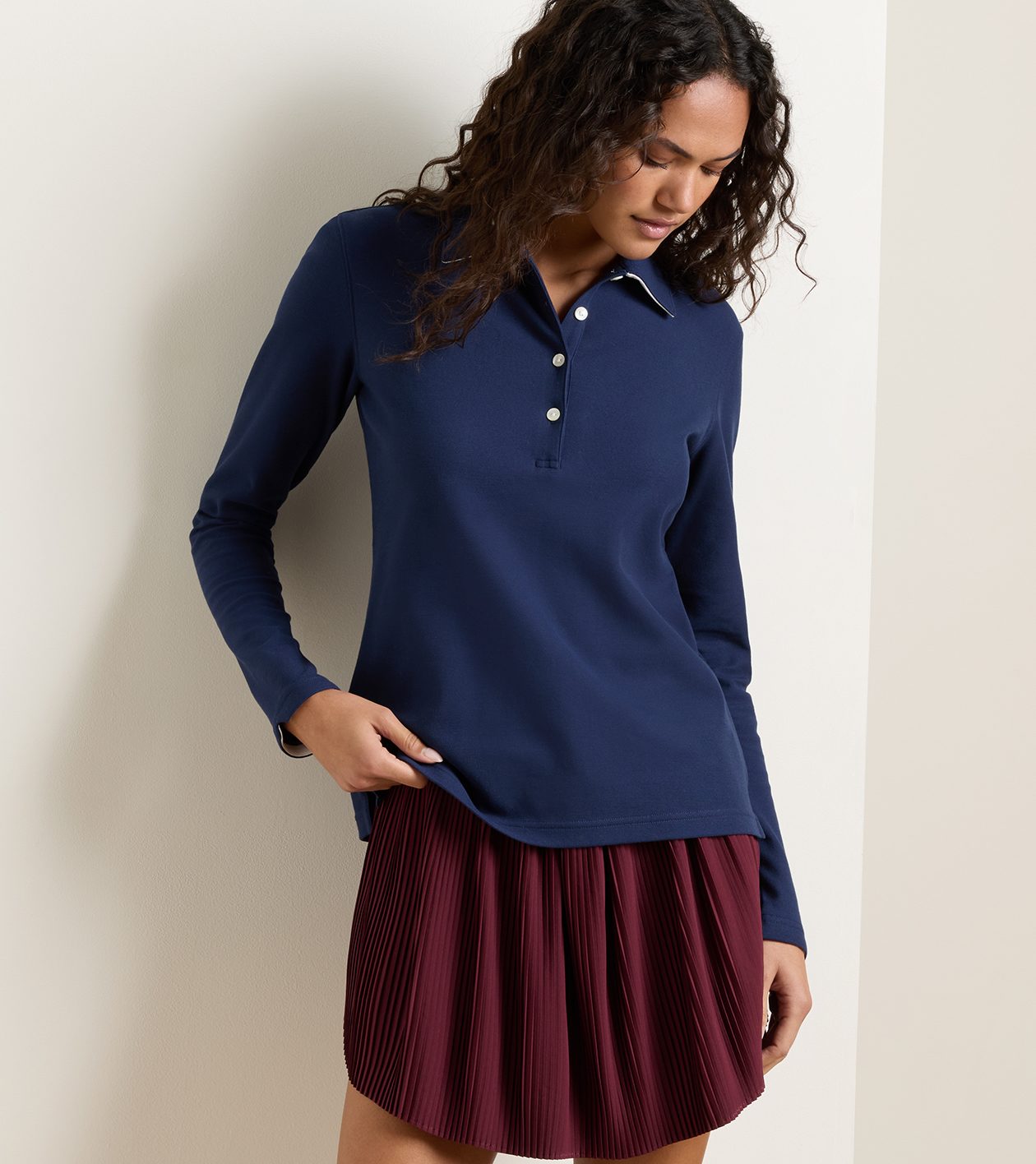 Coolspun Lite Cotton Piqu&eacute; Long Sleeve Polo in NAVY / SOFT WHITE - Alternate Image 3