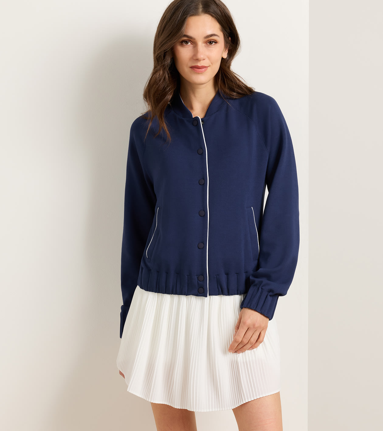 Flora Knit Bomber in NAVY / SOFT WHITE - Alternate Image 1