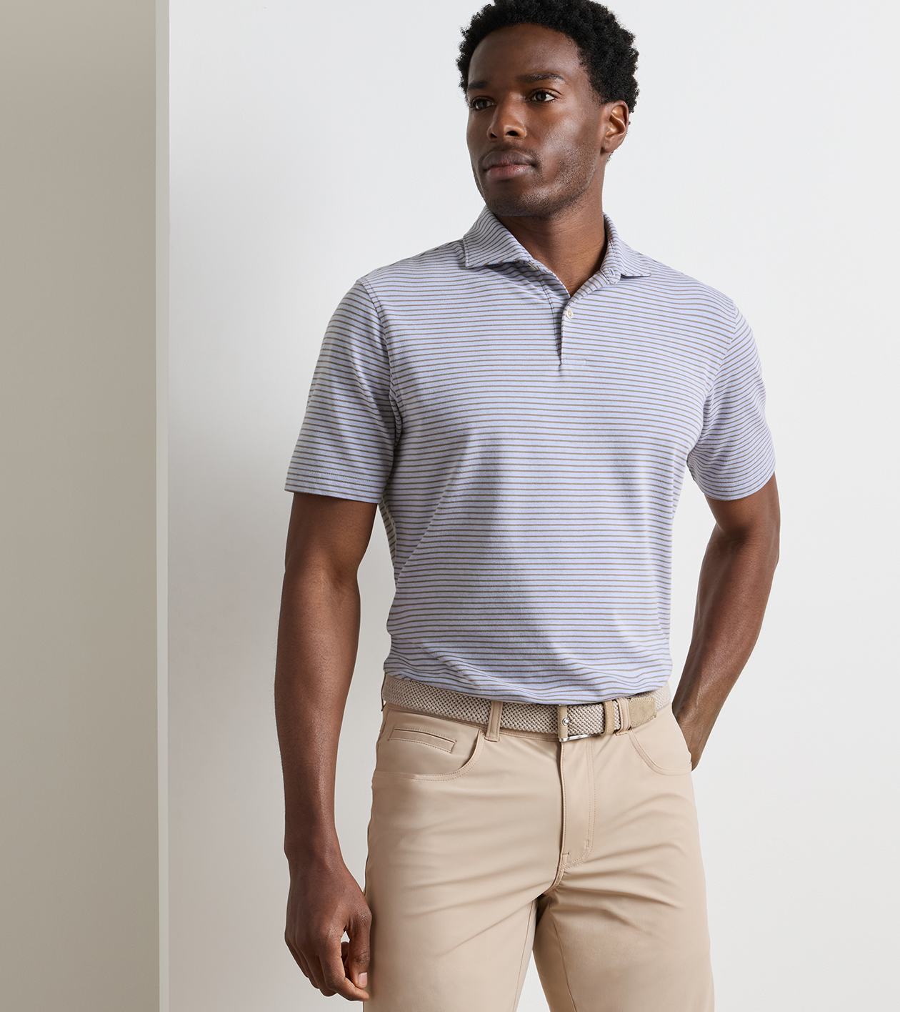 Albatross Stripe Cotton-Blend Piqu&eacute; Polo in WINDY BLUE / LIGHT MOCHA - Alternate Image 1