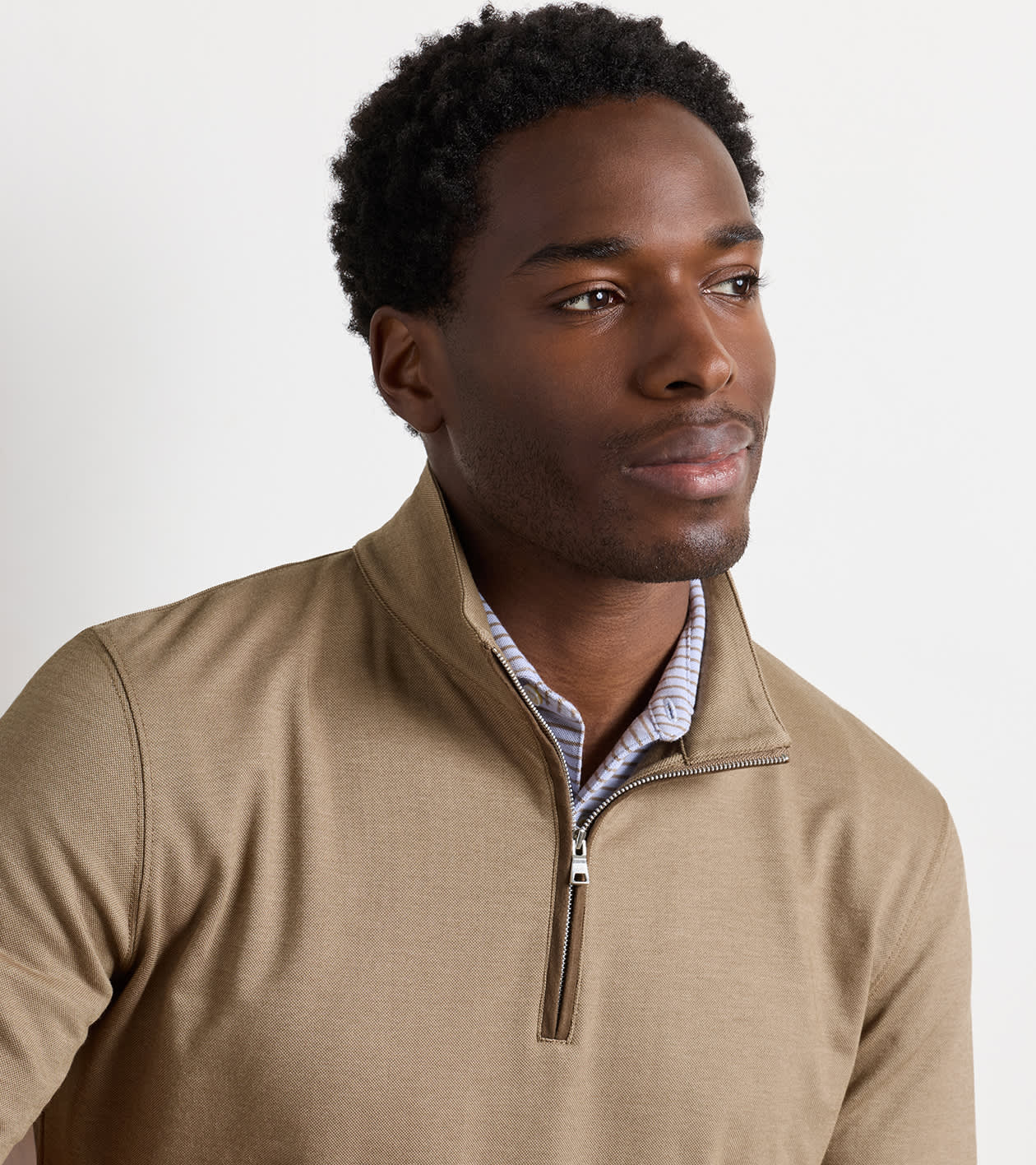 Albatross Cotton-Blend Piqu&eacute; Quarter-Zip in LIGHT MOCHA - Alternate Image 3