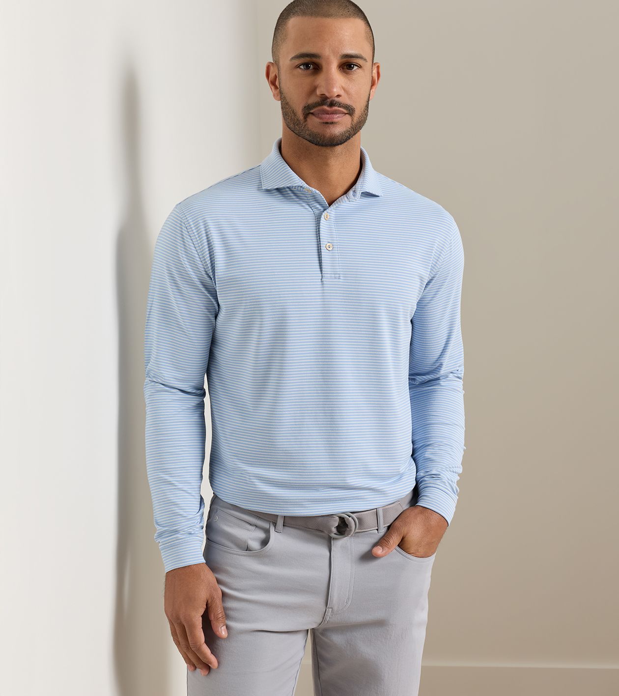 Lyons Stripe Performance Jersey Long-Sleeve Polo in LAKESIDE - Alternate Image 1