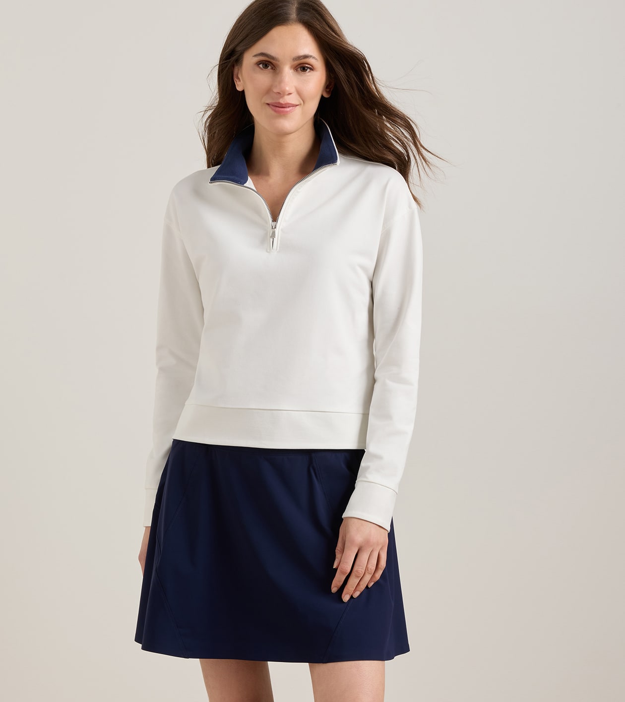 Coolspun Lite Cotton Quarter-Zip Pullover in SOFT WHITE / NAVY - Alternate Image 1