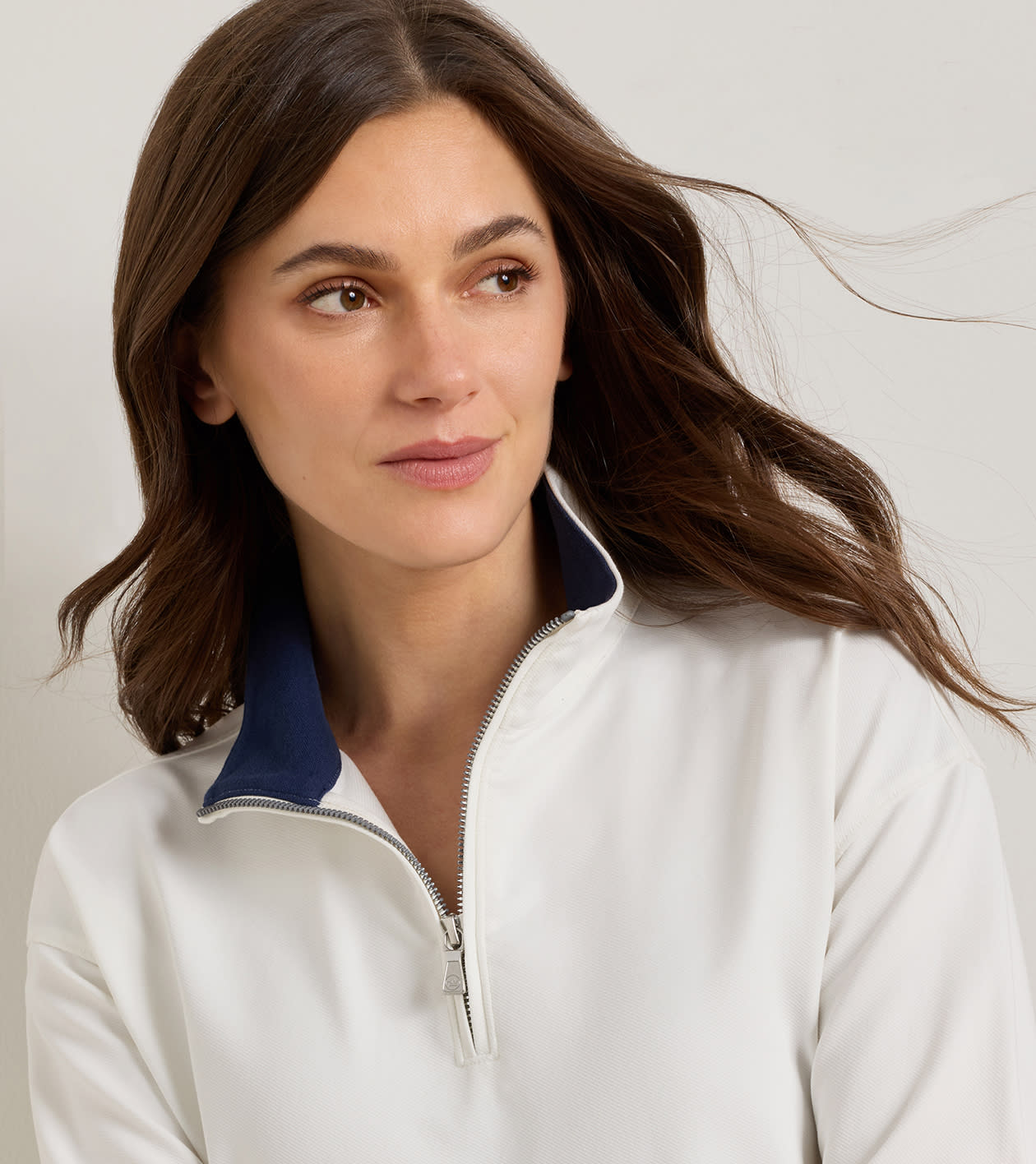 Coolspun Lite Cotton Quarter-Zip Pullover in SOFT WHITE / NAVY - Alternate Image 3