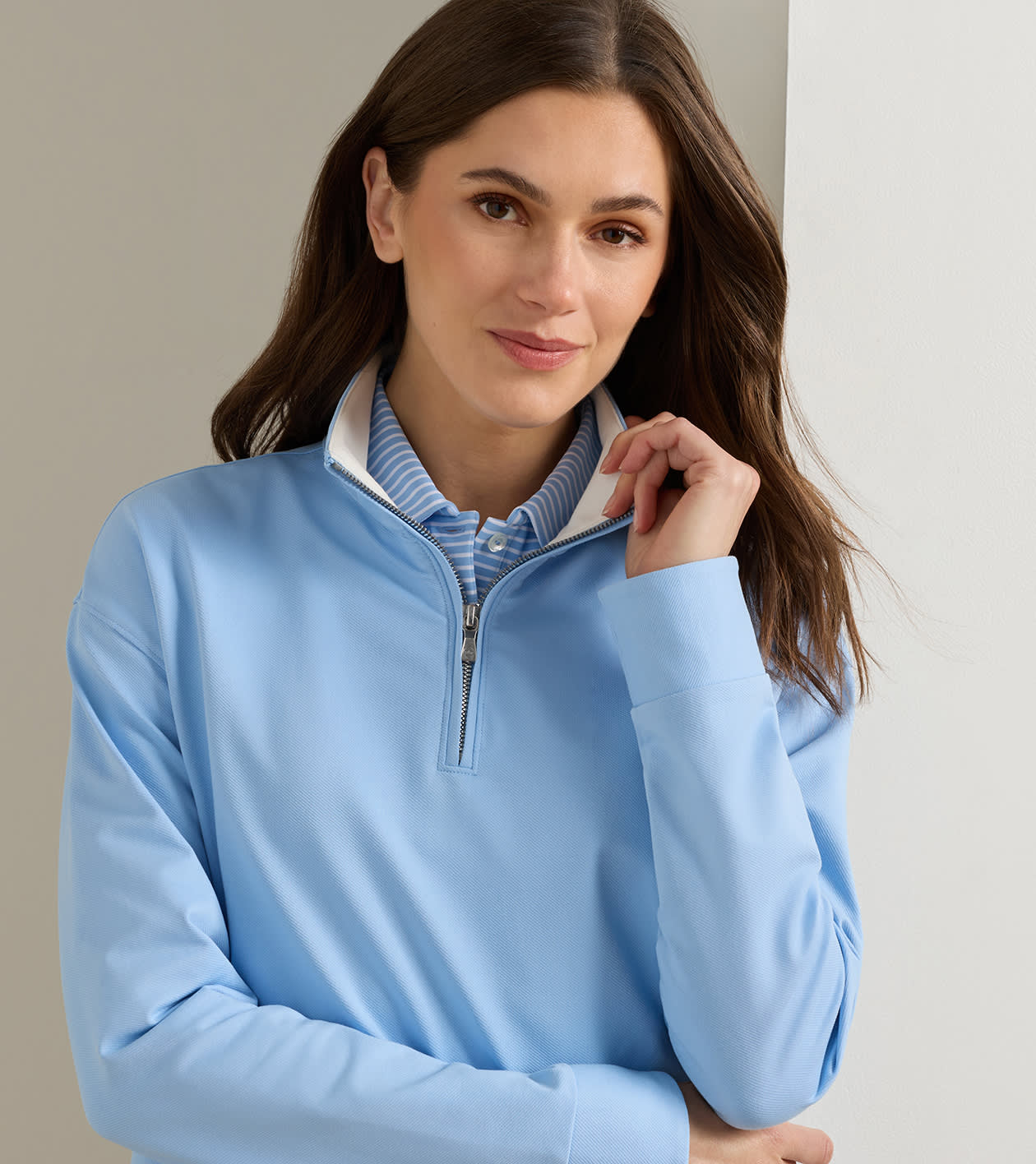 Coolspun Lite Cotton Quarter-Zip Pullover in COTTAGE BLUE / SOFT WHITE - Alternate Image 3
