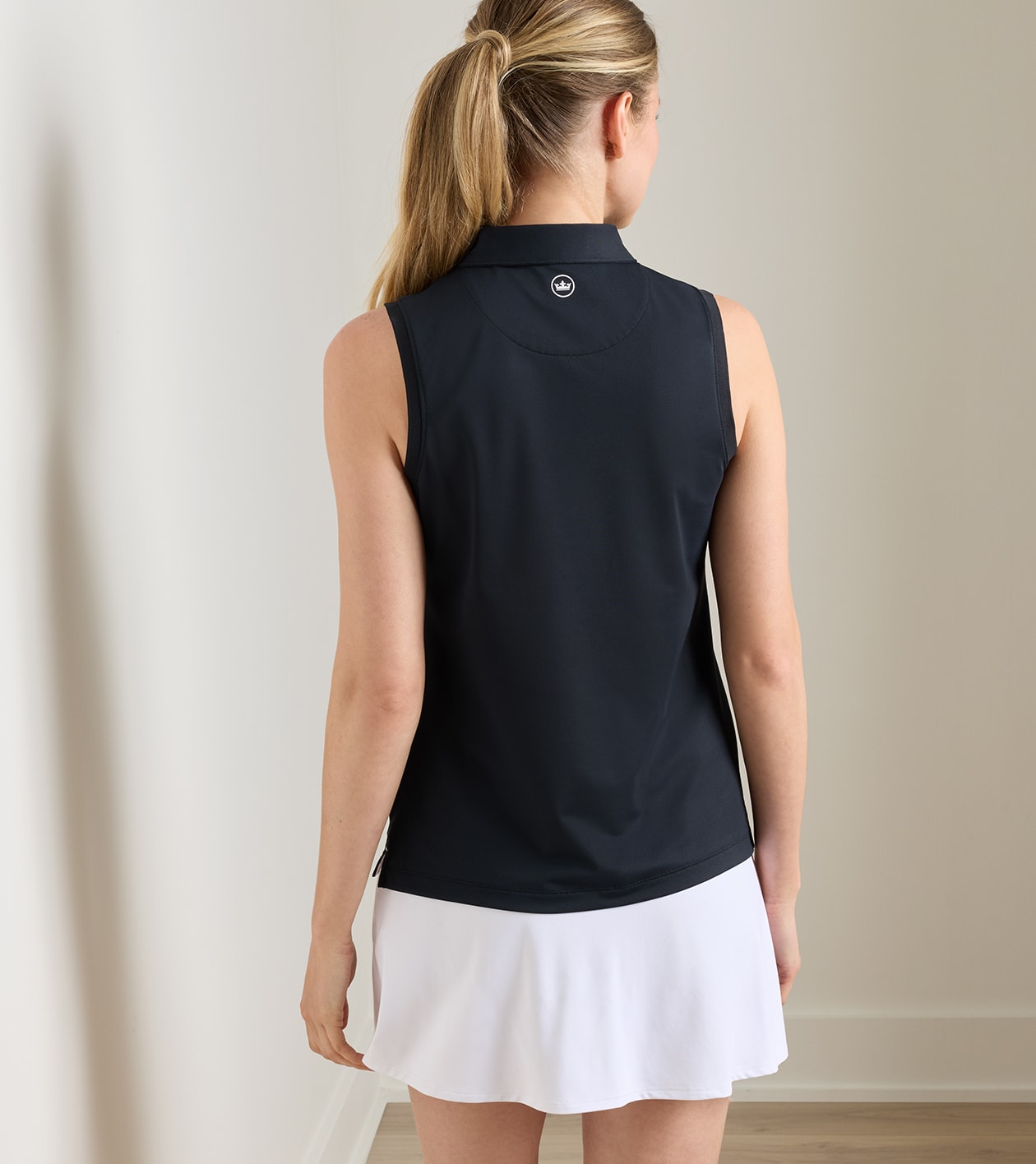 Women's Banded Sport Mesh Sleeveless Button Polo in Black - Alternate Image 2