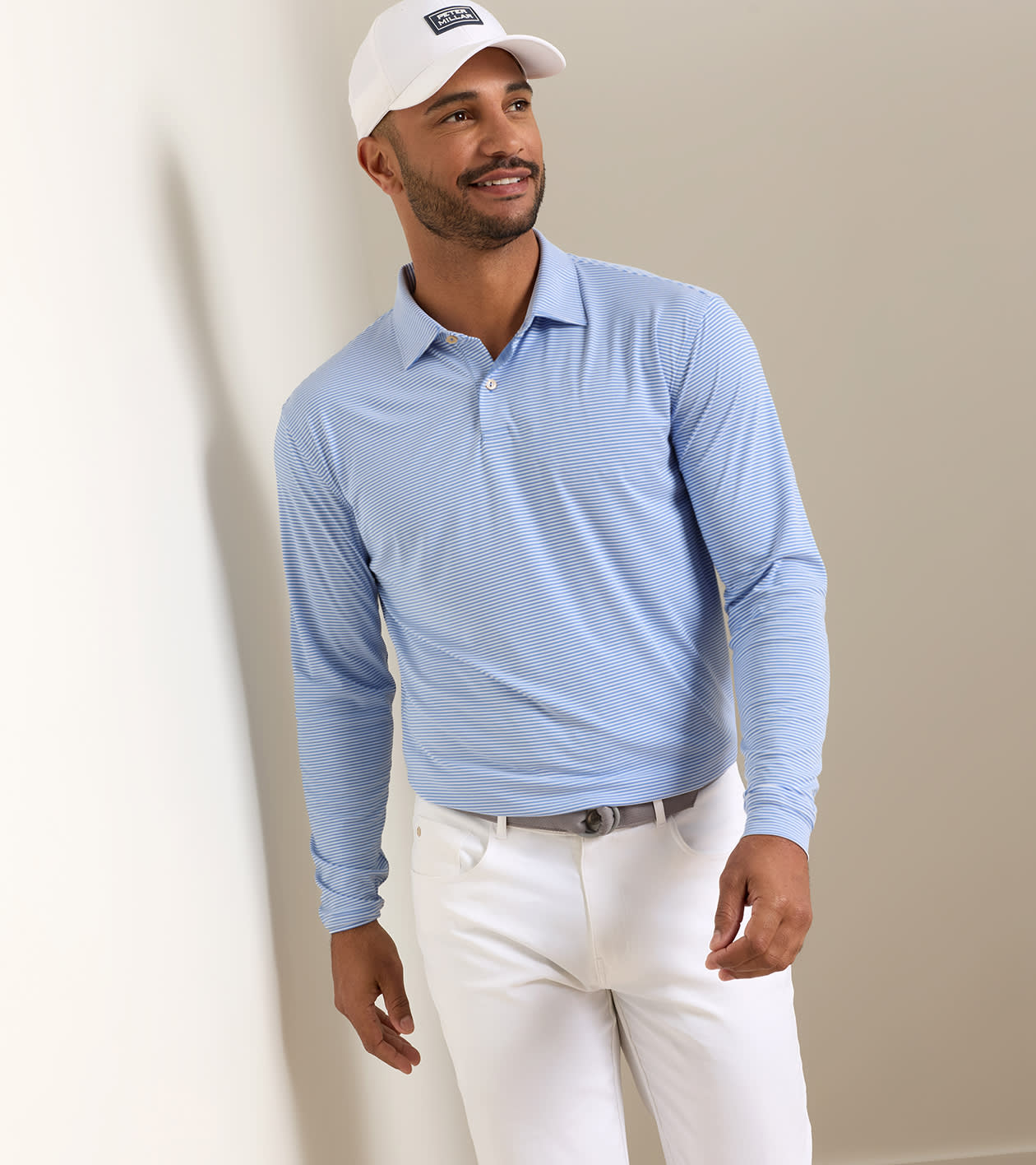 Featherweight Market Stripe Long-Sleeve Performance Polo in HYPER BLUE - Alternate Image 1