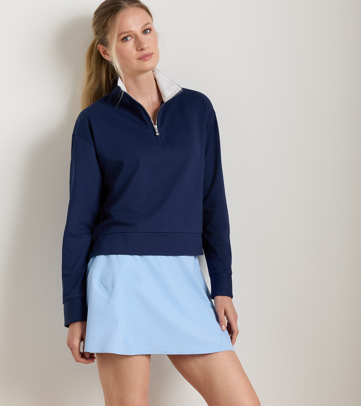 Coolspun Lite Cotton Quarter-Zip Pullover in NAVY / SOFT WHITE - Alternate Image 1