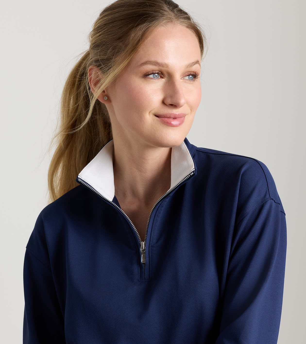 Coolspun Lite Cotton Quarter-Zip Pullover in NAVY / SOFT WHITE - Alternate Image 3