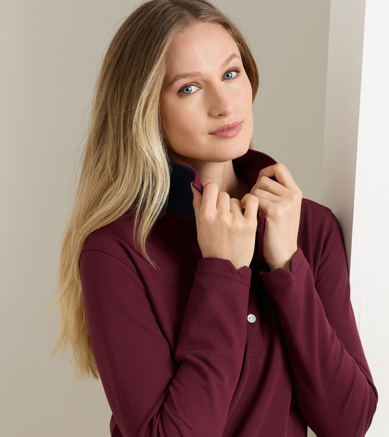 Coolspun Lite Cotton Piqu&eacute; Long Sleeve Polo in OXBLOOD / NAVY - Alternate Image 3