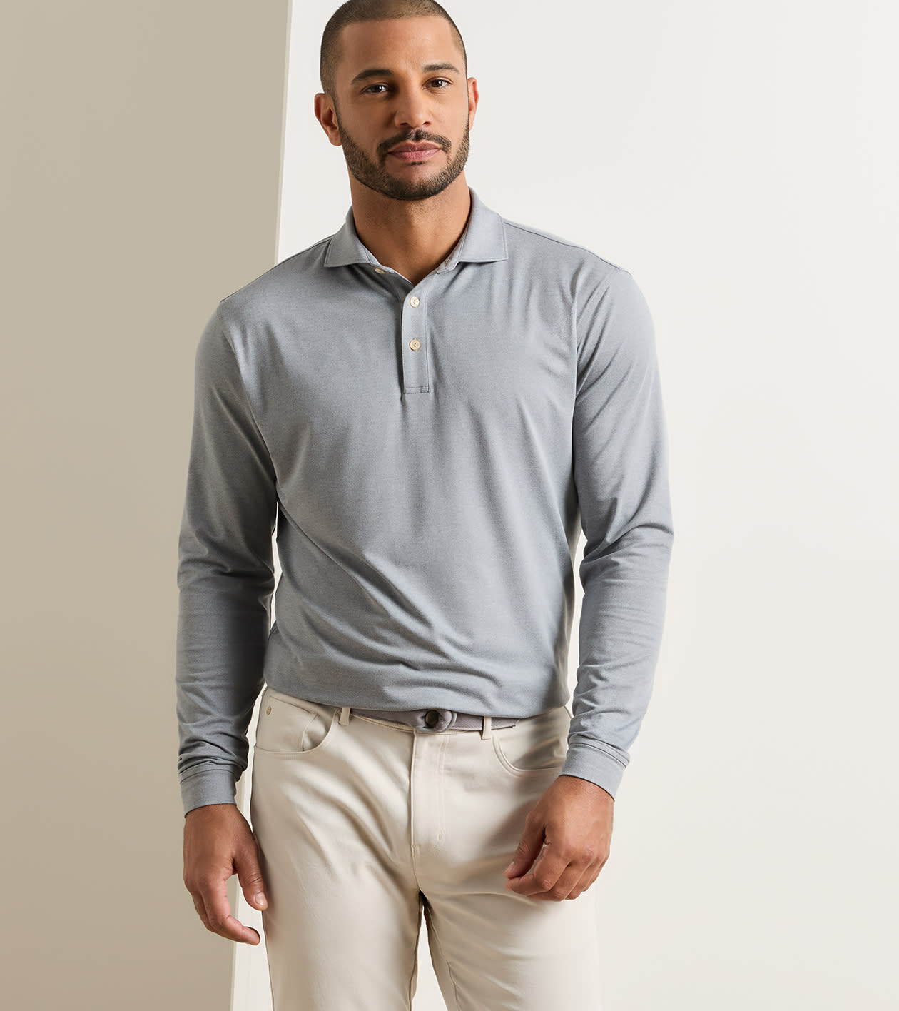 Lyons Performance Jersey Long-Sleeve Polo in Gale Grey - Alternate Image 1