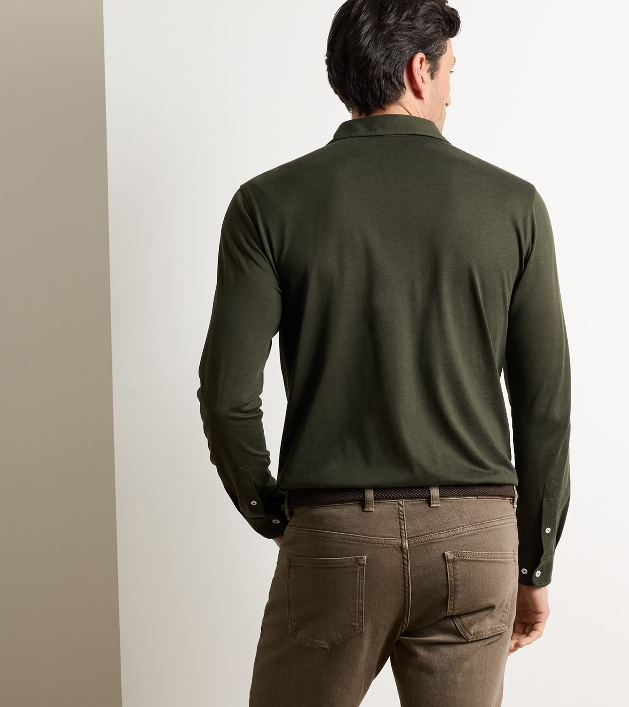Ashby Silk Cotton Long-Sleeve Polo in Dark Olive - Alternate Image 2