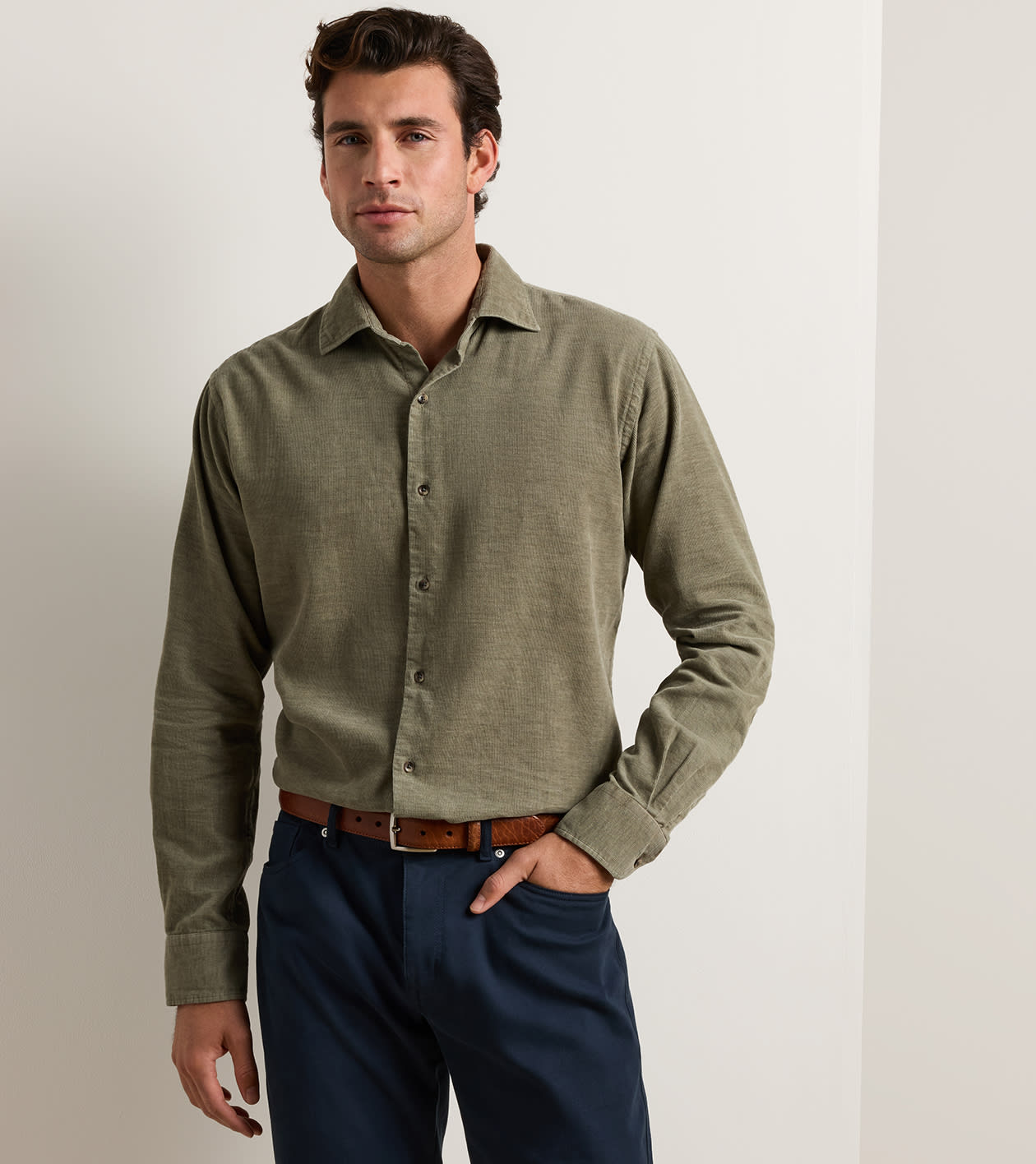 Aspen Cotton Cashmere Corduroy Sport Shirt in FATIGUE - Alternate Image 1