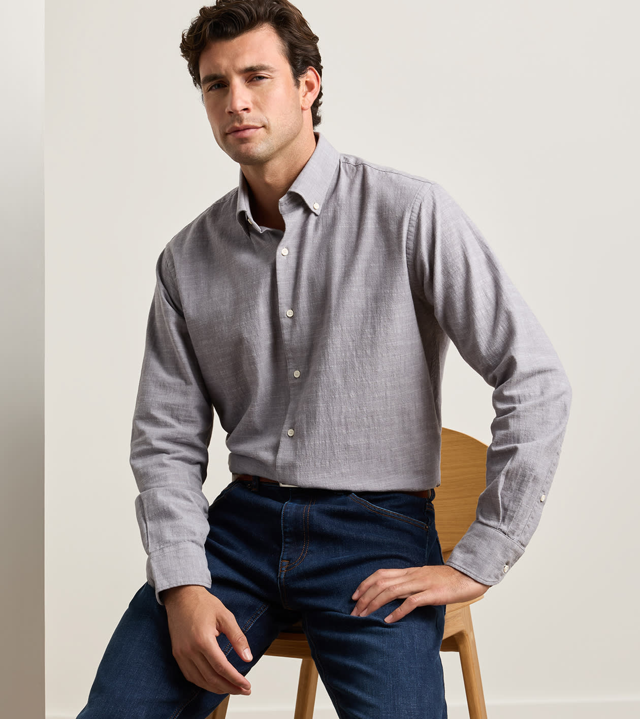 Devonport Chambray Cotton-Stretch Sport Shirt in Gale Grey - Alternate Image 1