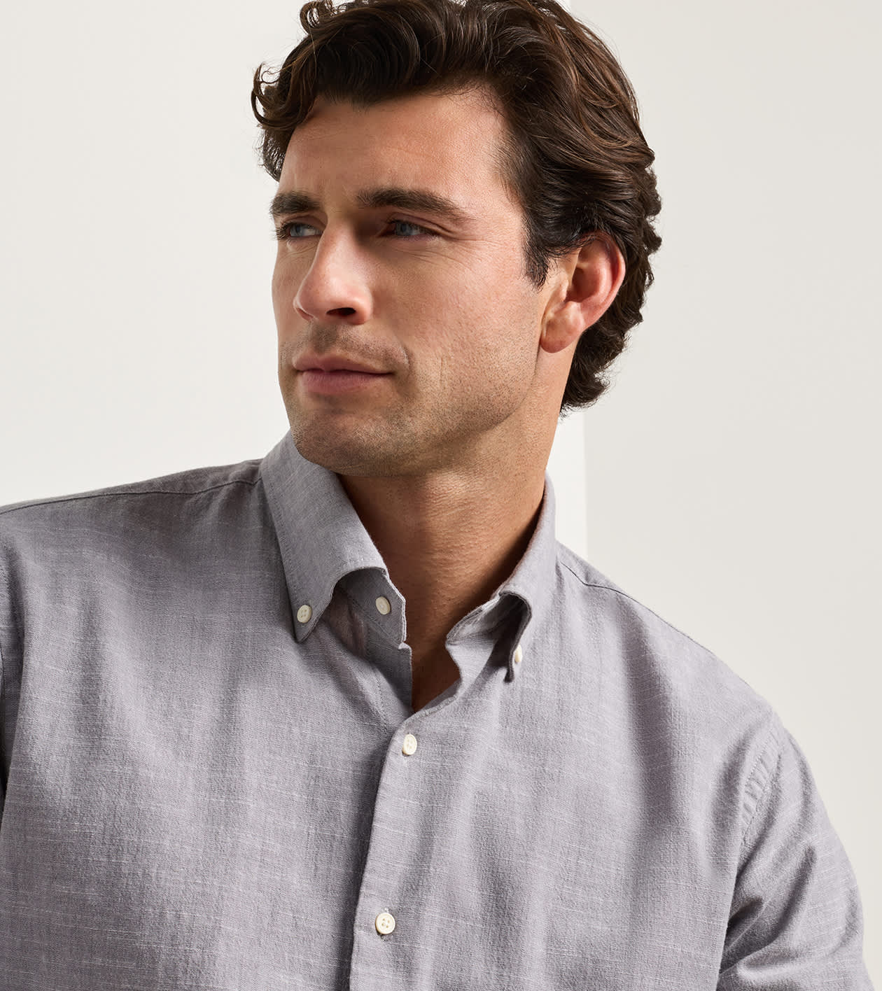 Devonport Chambray Cotton-Stretch Sport Shirt in Gale Grey - Alternate Image 3