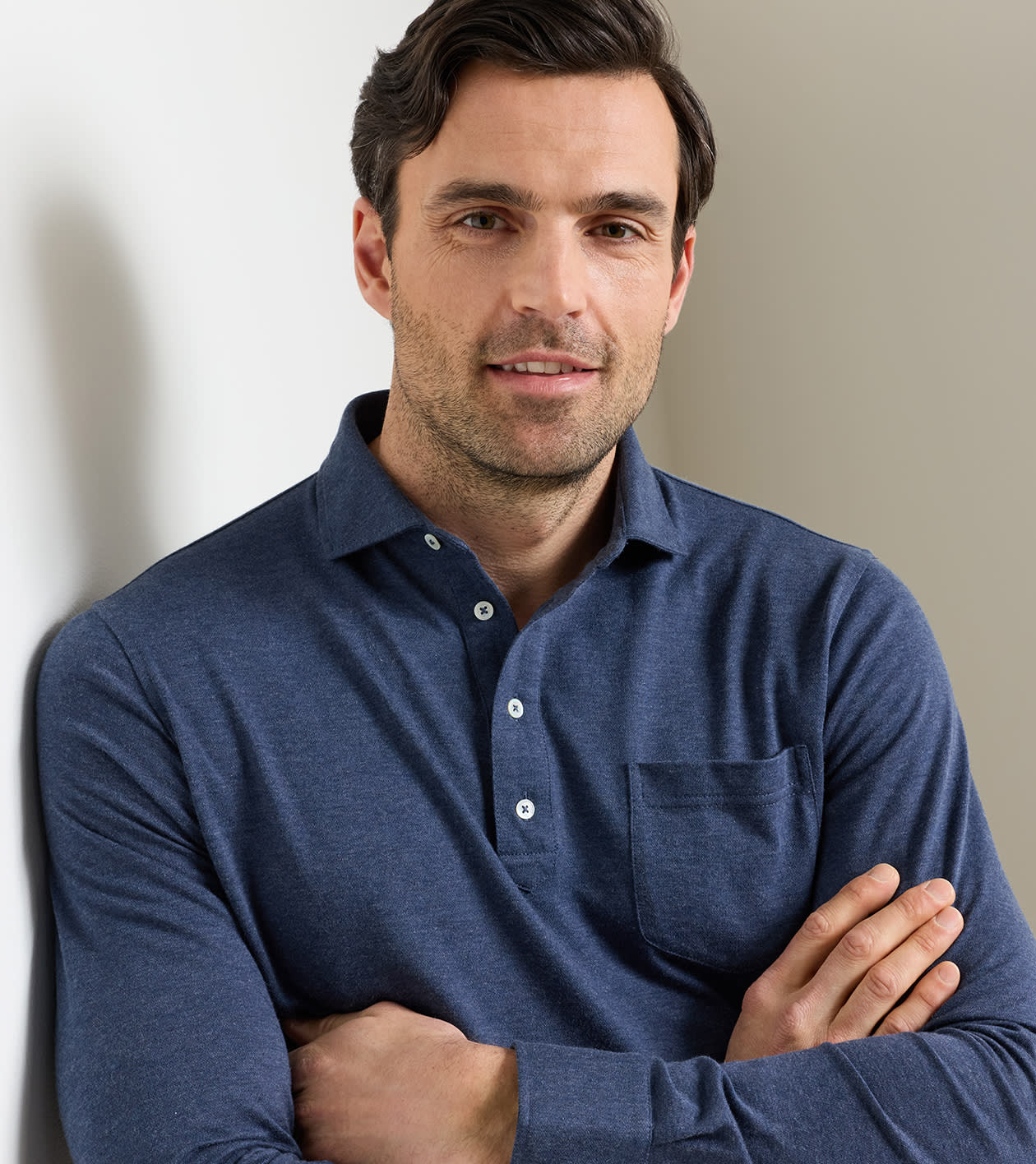 Amble Long-Sleeve Cotton Cashmere Polo in CADET - Alternate Image 3