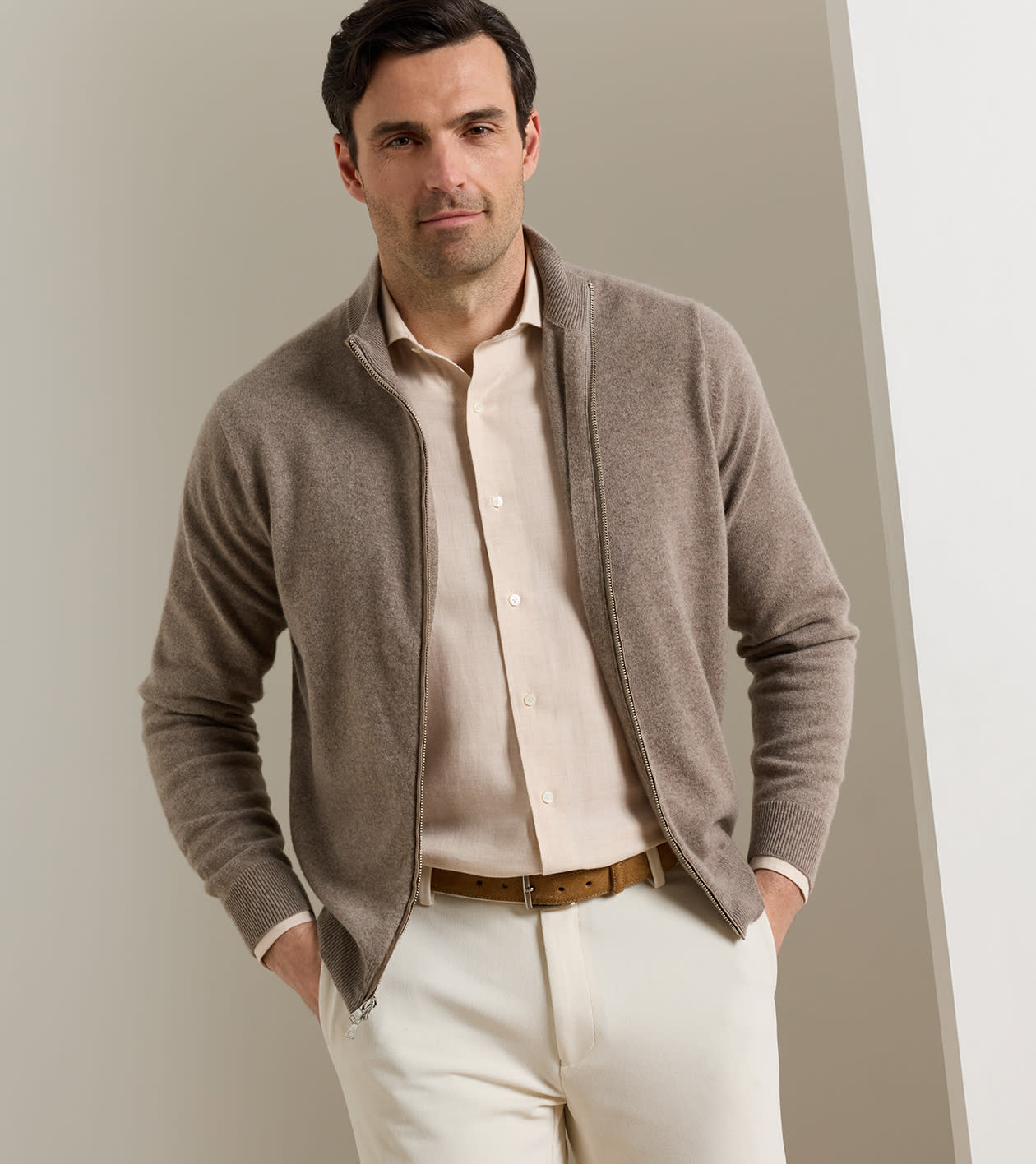 Artisan Crafted Cashmere Full Zip Sweater in Rye - Alternate Image 1