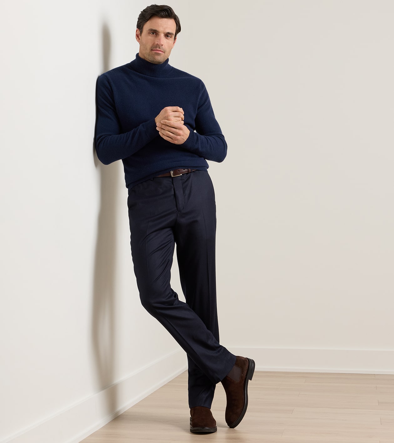 Byron Cashmere-Merino Flat Front Trouser in Navy - Alternate Image 1