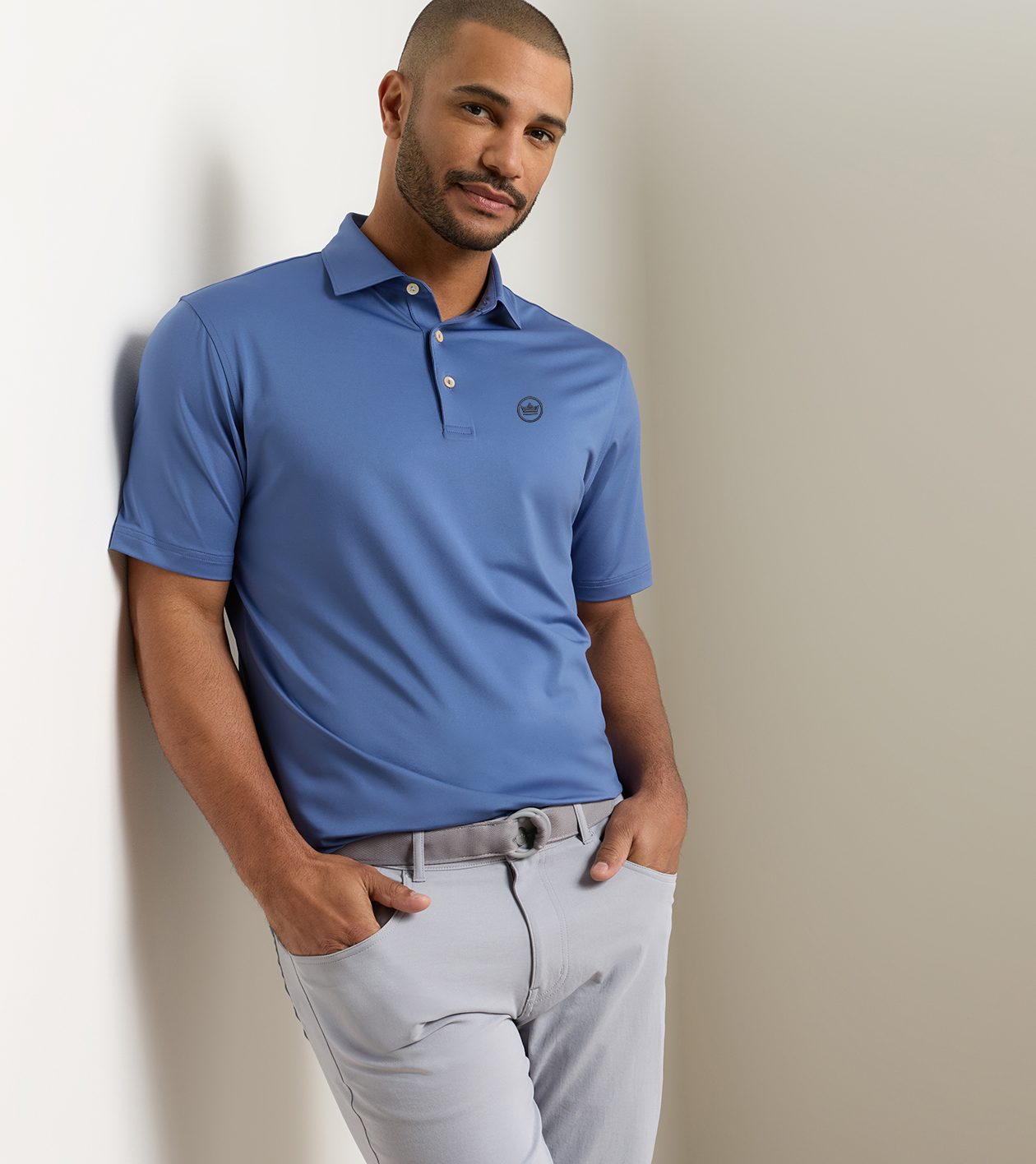 Crown Seal Logo Solid Performance Jersey Polo in BALI BLUE - Alternate Image 1