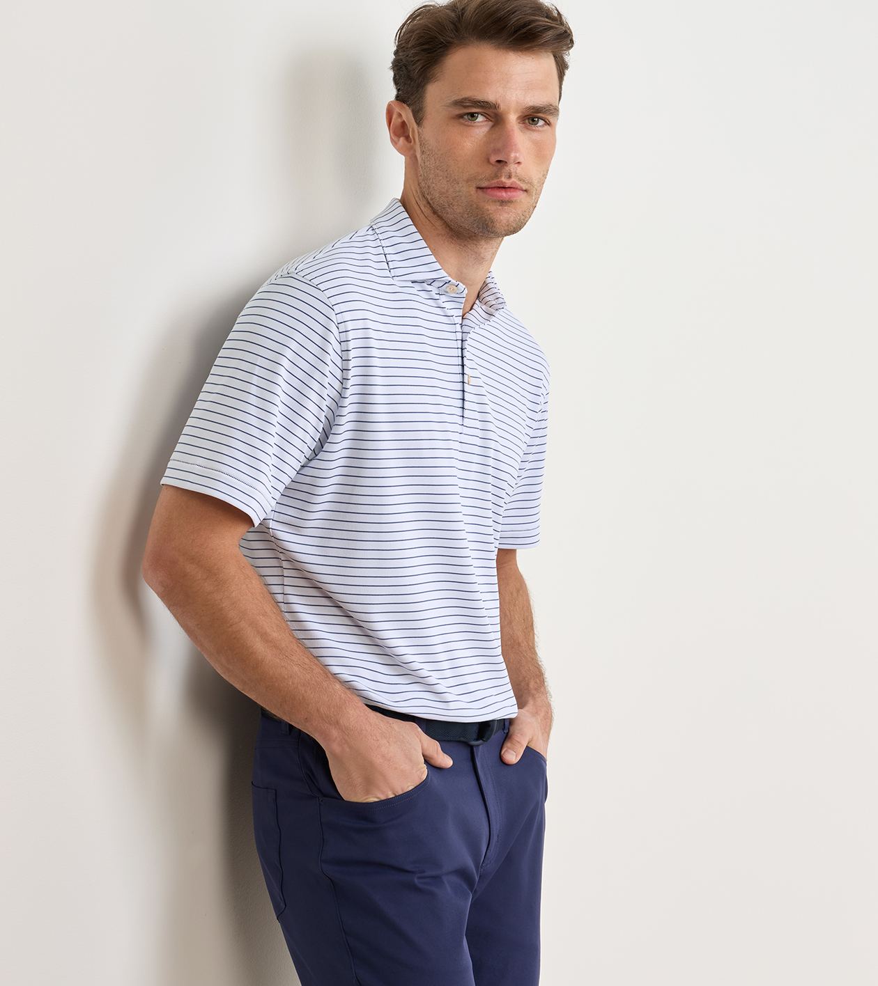 Winston Performance Mesh Polo in WHITE / BAIL BLUE - Alternate Image 1