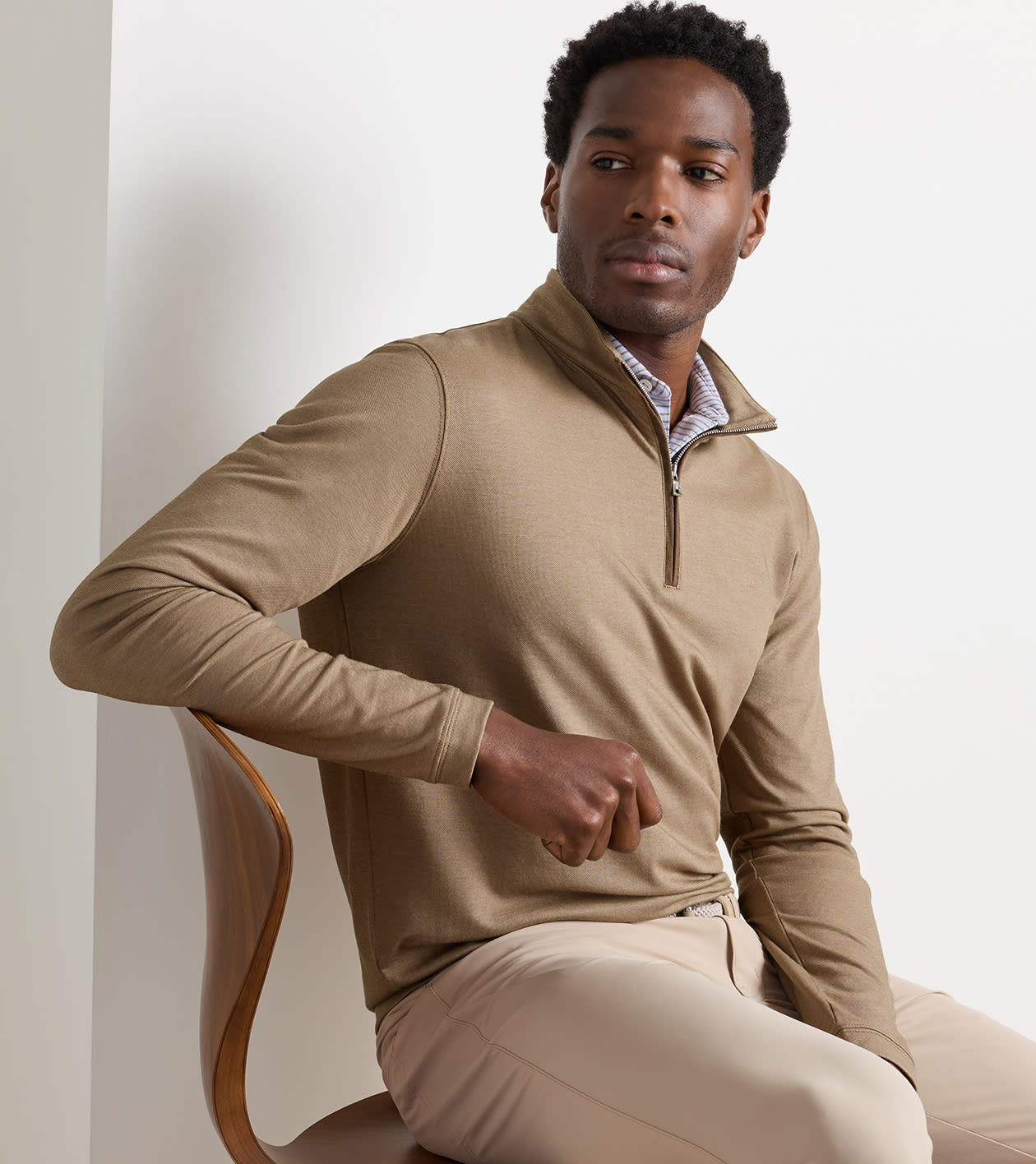 Albatross Cotton-Blend Piqu&eacute; Quarter-Zip in LIGHT MOCHA - Alternate Image 1