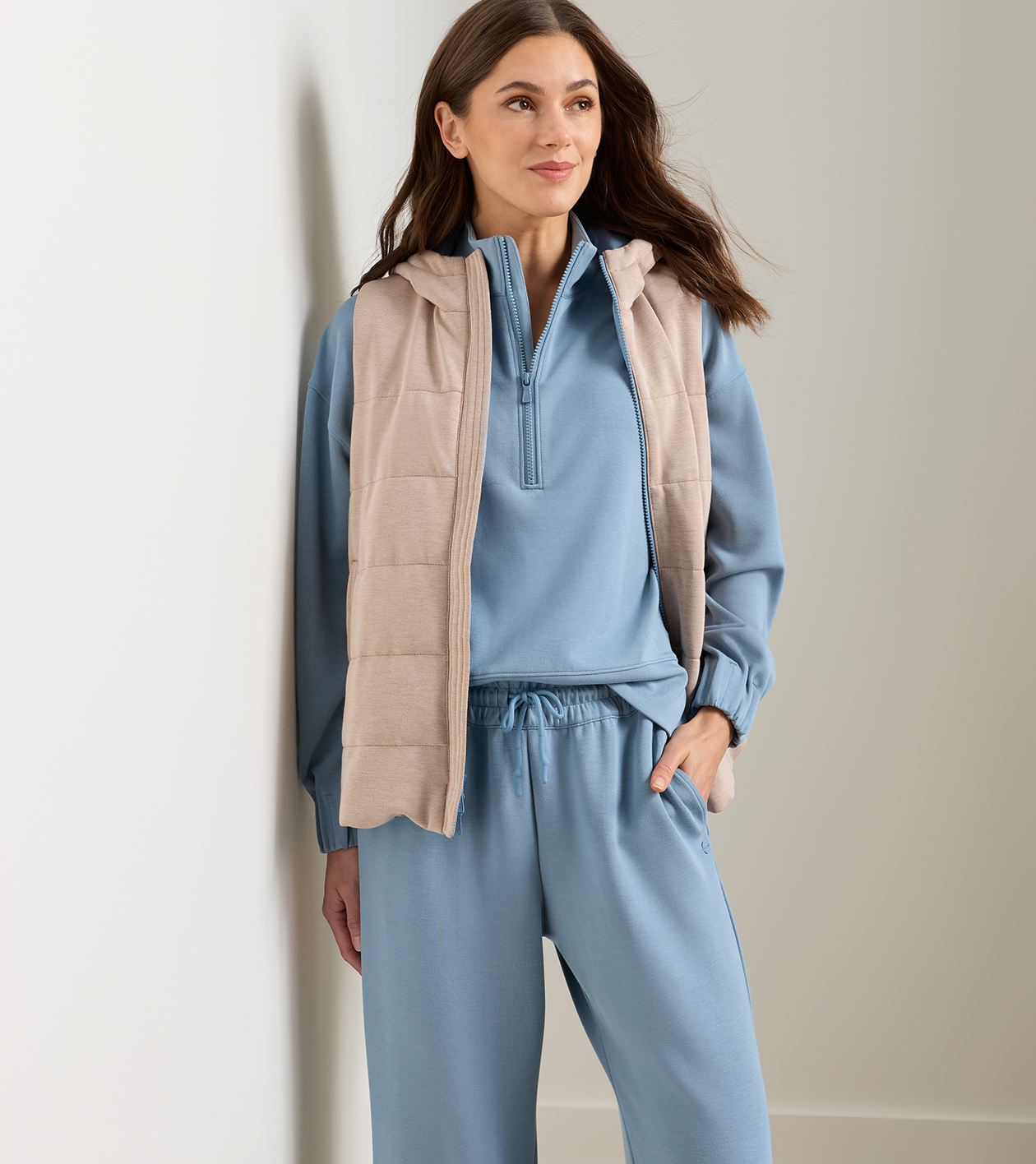 Flora Reversible Gilet With Hood in CAMEL/RAINWATER - Alternate Image 2