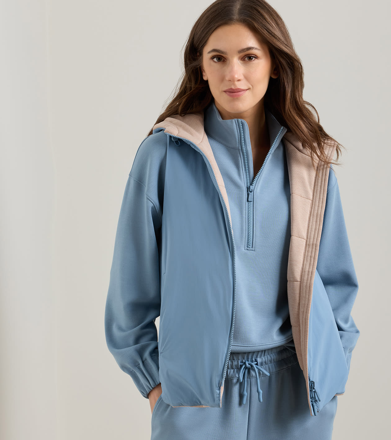 Flora Reversible Gilet With Hood in CAMEL/RAINWATER - Alternate Image 5