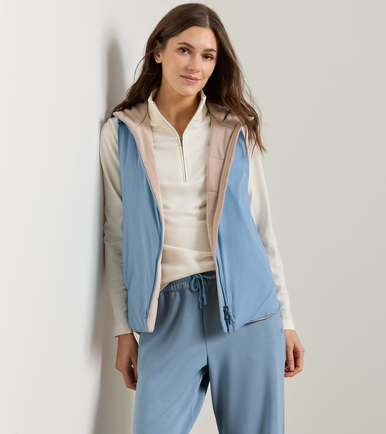 Flora Reversible Gilet With Hood in CAMEL/RAINWATER - Alternate Image 6