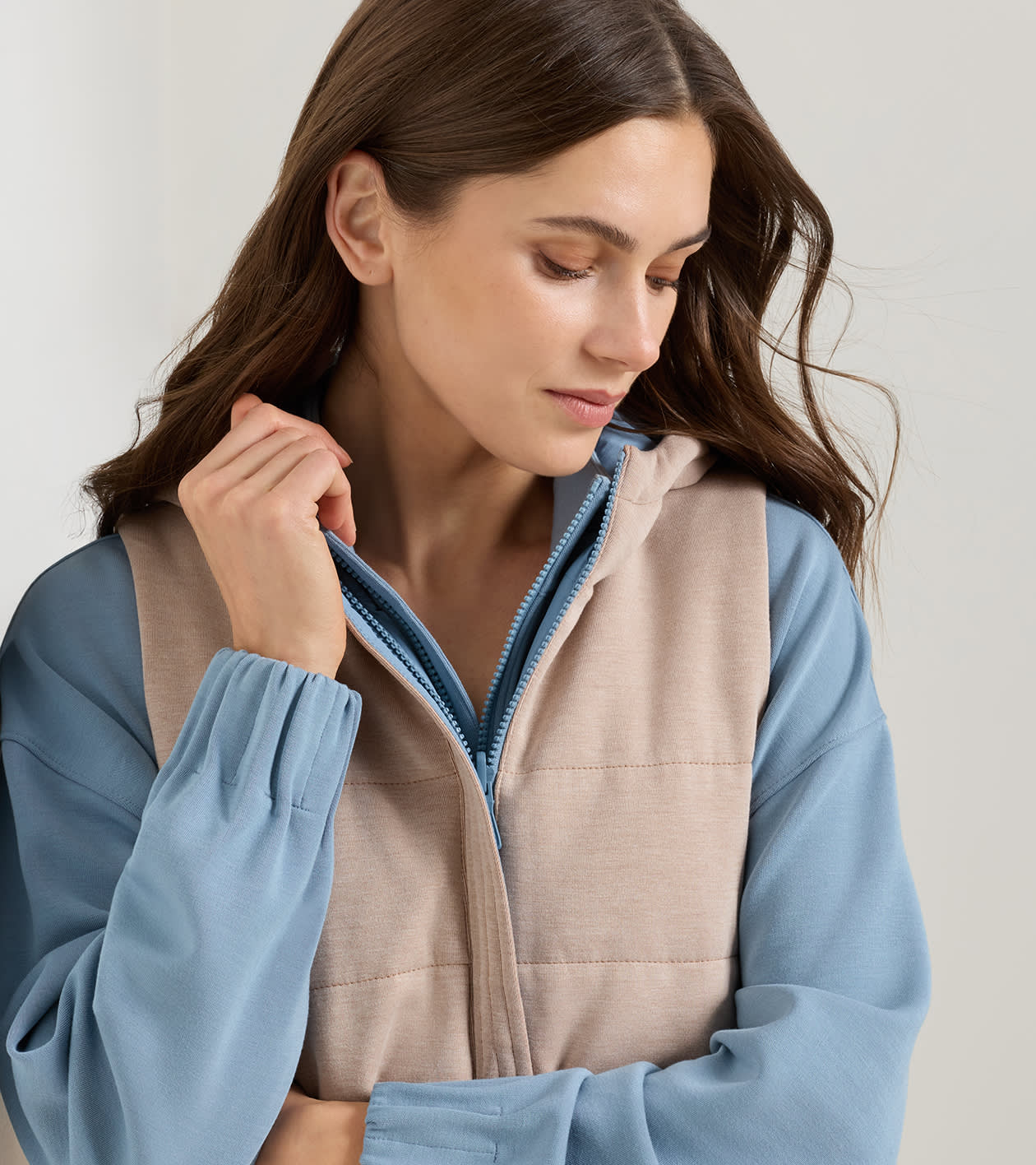 Flora Reversible Gilet With Hood in CAMEL/RAINWATER - Alternate Image 7