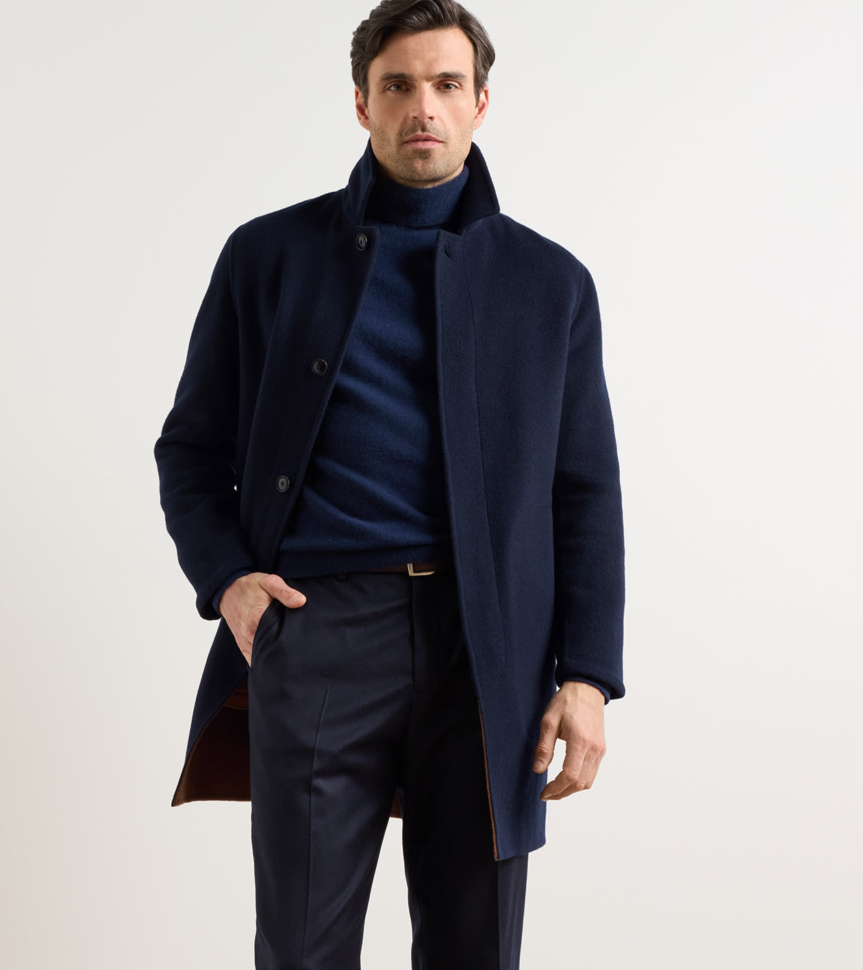 Italian Double-Faced Cashmere Coat in Navy - Alternate Image 1