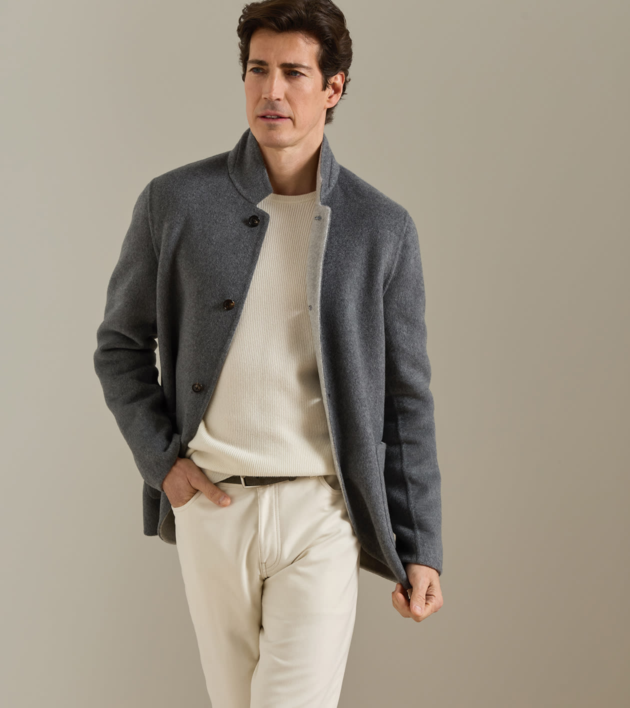 Italian Double Face Cashmere Jacket in Argento - Alternate Image 1