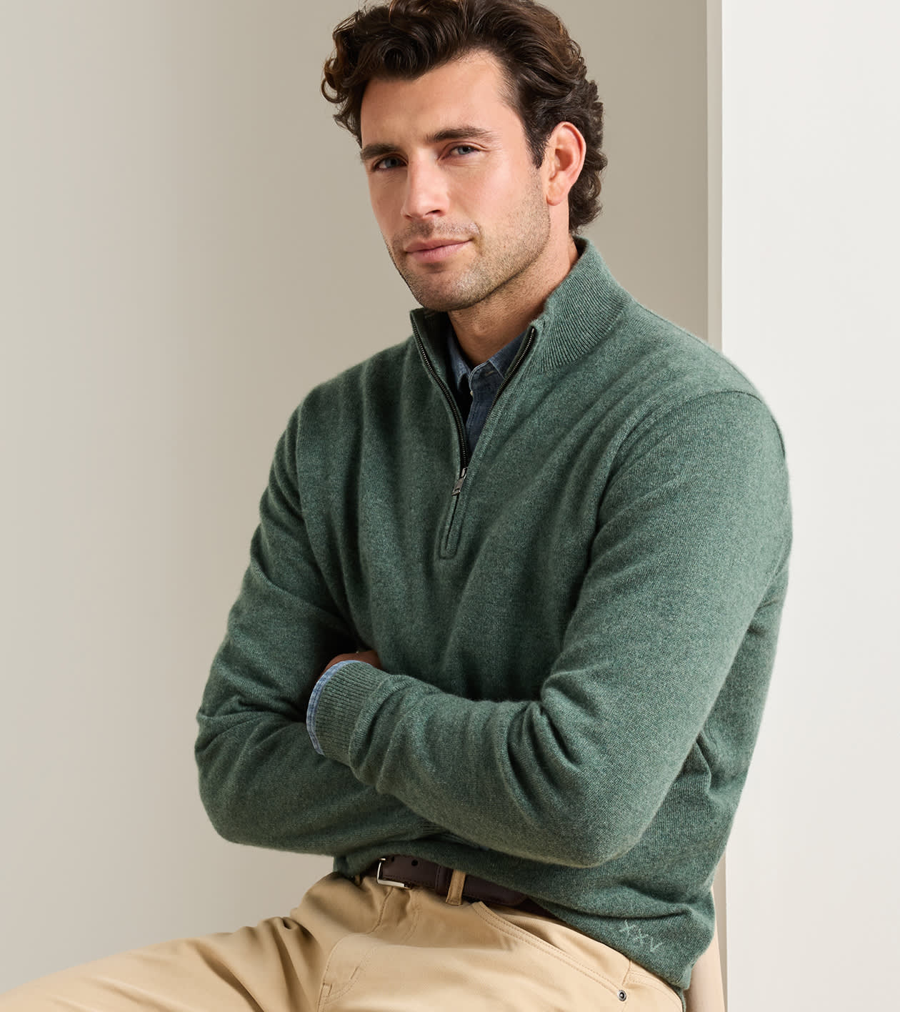 25th Anniversary Cashmere Quarter-Zip Jumper in IVY - Alternate Image 1