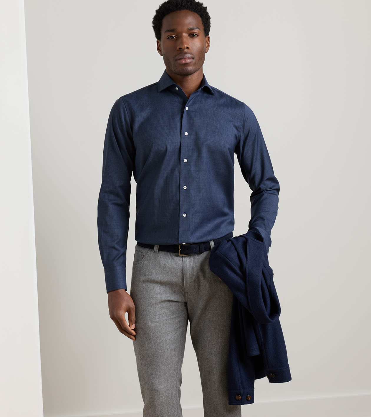 Merino Micro Poplin Houndstooth Sport Shirt in Navy - Alternate Image 1