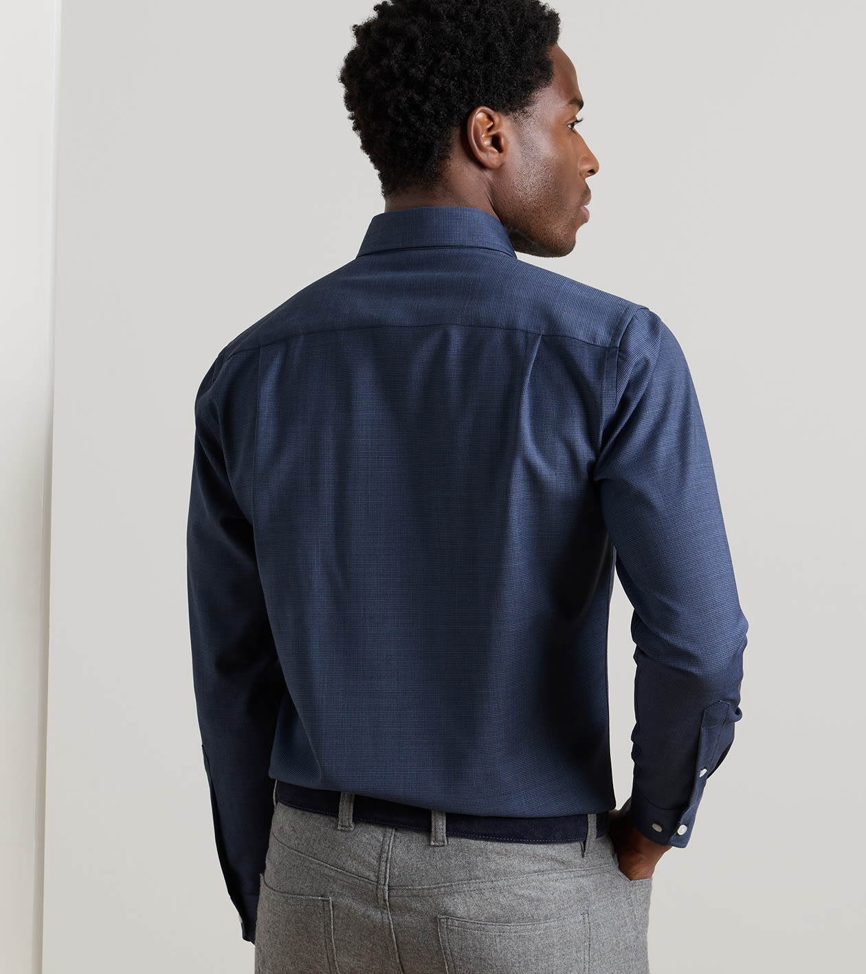 Merino Micro Poplin Houndstooth Sport Shirt in Navy - Alternate Image 2