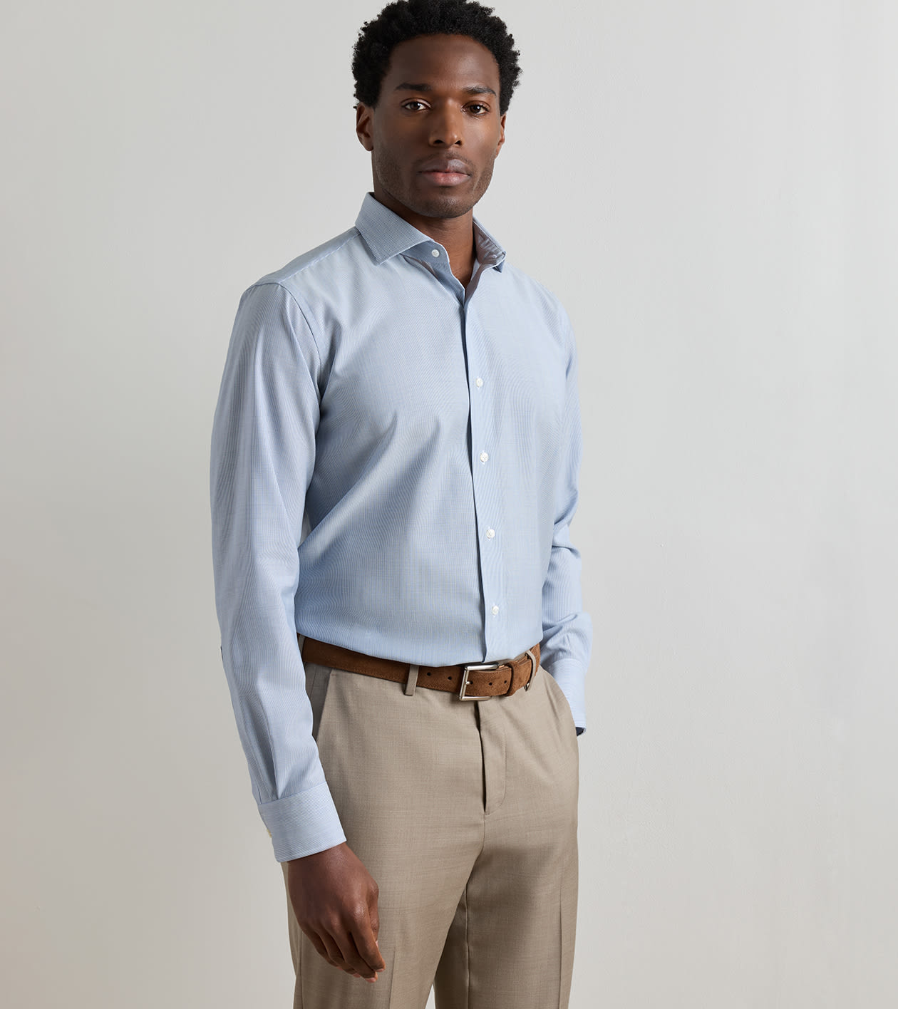 Merino Micro Poplin Stripe Sport Shirt in Navy - Alternate Image 1