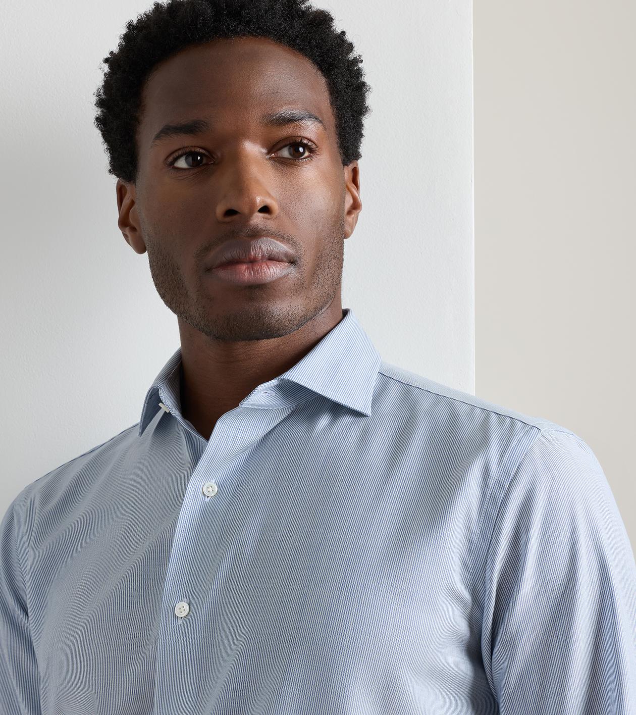 Merino Micro Poplin Stripe Sport Shirt in Navy - Alternate Image 3
