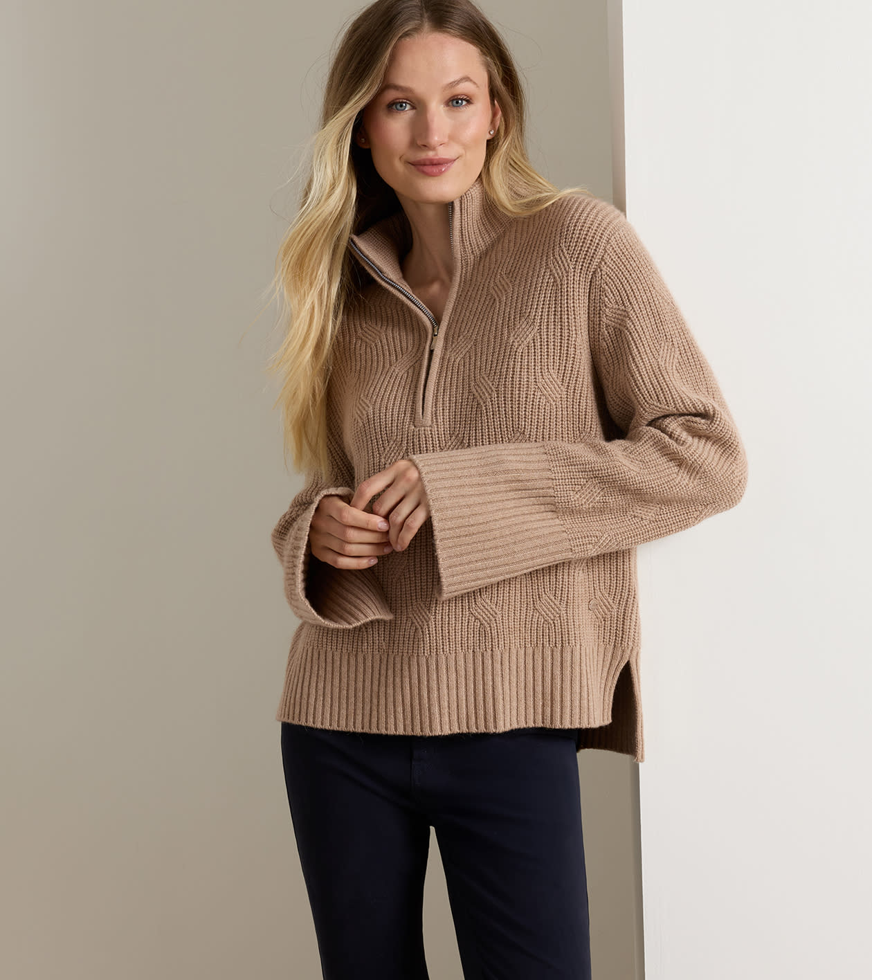 Rutherford Deco Stitch Half-Zip Sweater in CAMEL - Alternate Image 1