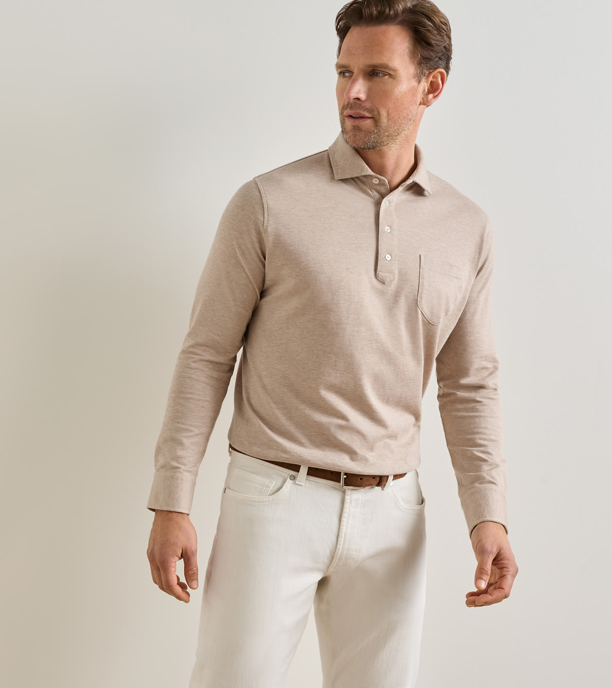 Amble Long-Sleeve Cotton Cashmere Polo in TRUFFLE - Alternate Image 1