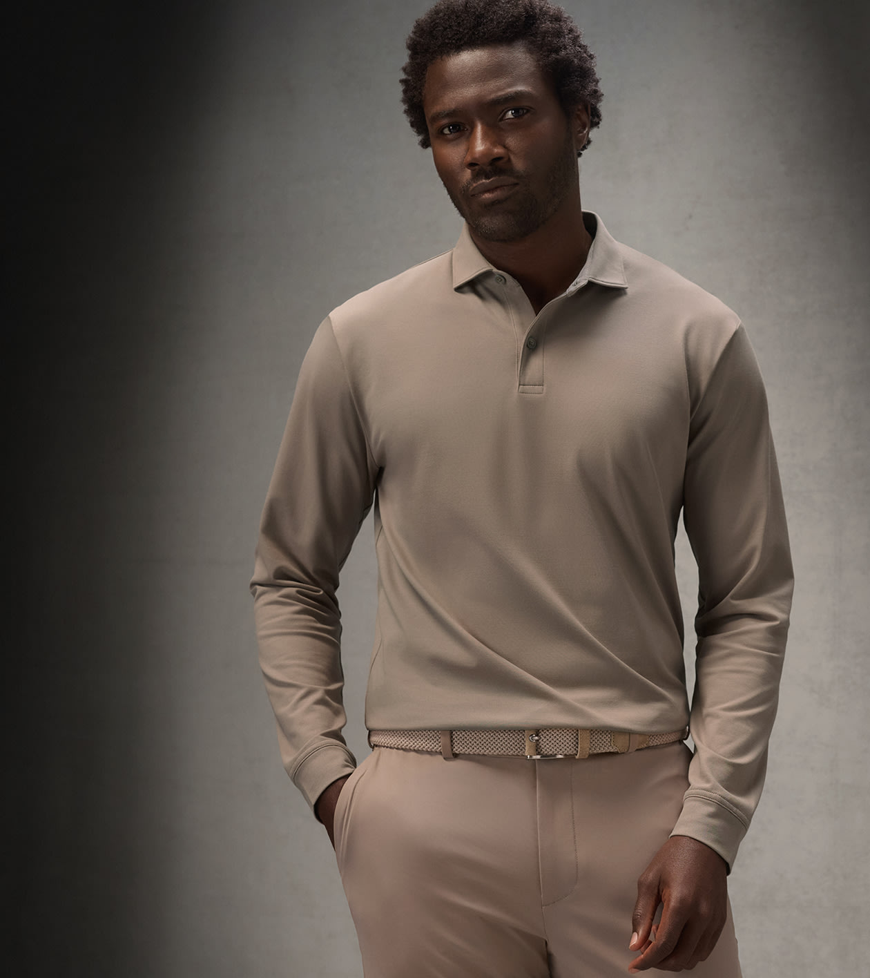 Pursuit Long-Sleeve Piqu&eacute; Polo in BISCOTTI - Alternate Image 1