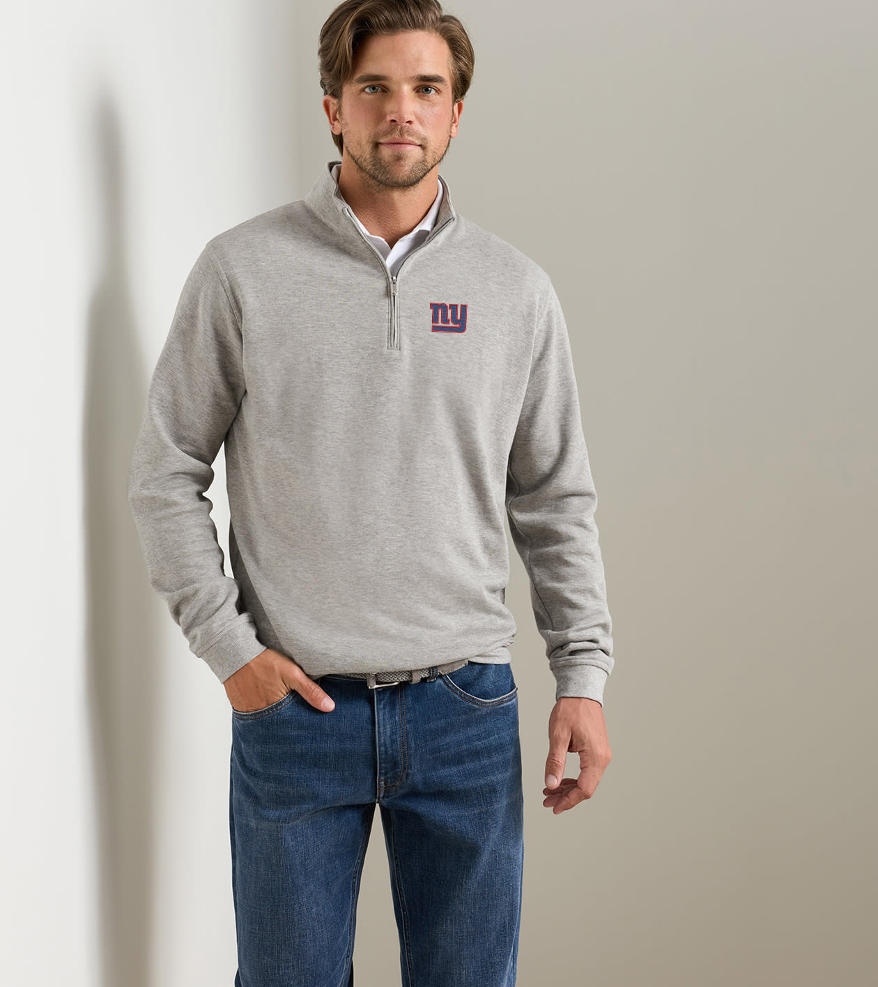 New York Giants Crown Comfort Quarter-Zip Pullover in Light Grey - Alternate Image 1