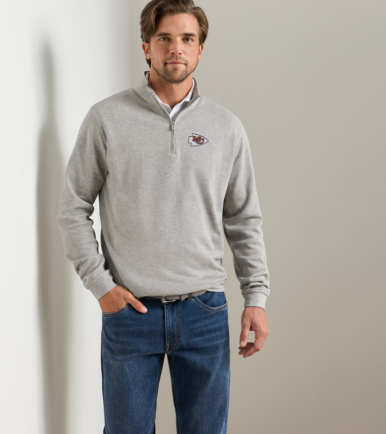 Kansas City Chiefs Crown Comfort Quarter-Zip Pullover in Light Grey - Alternate Image 1
