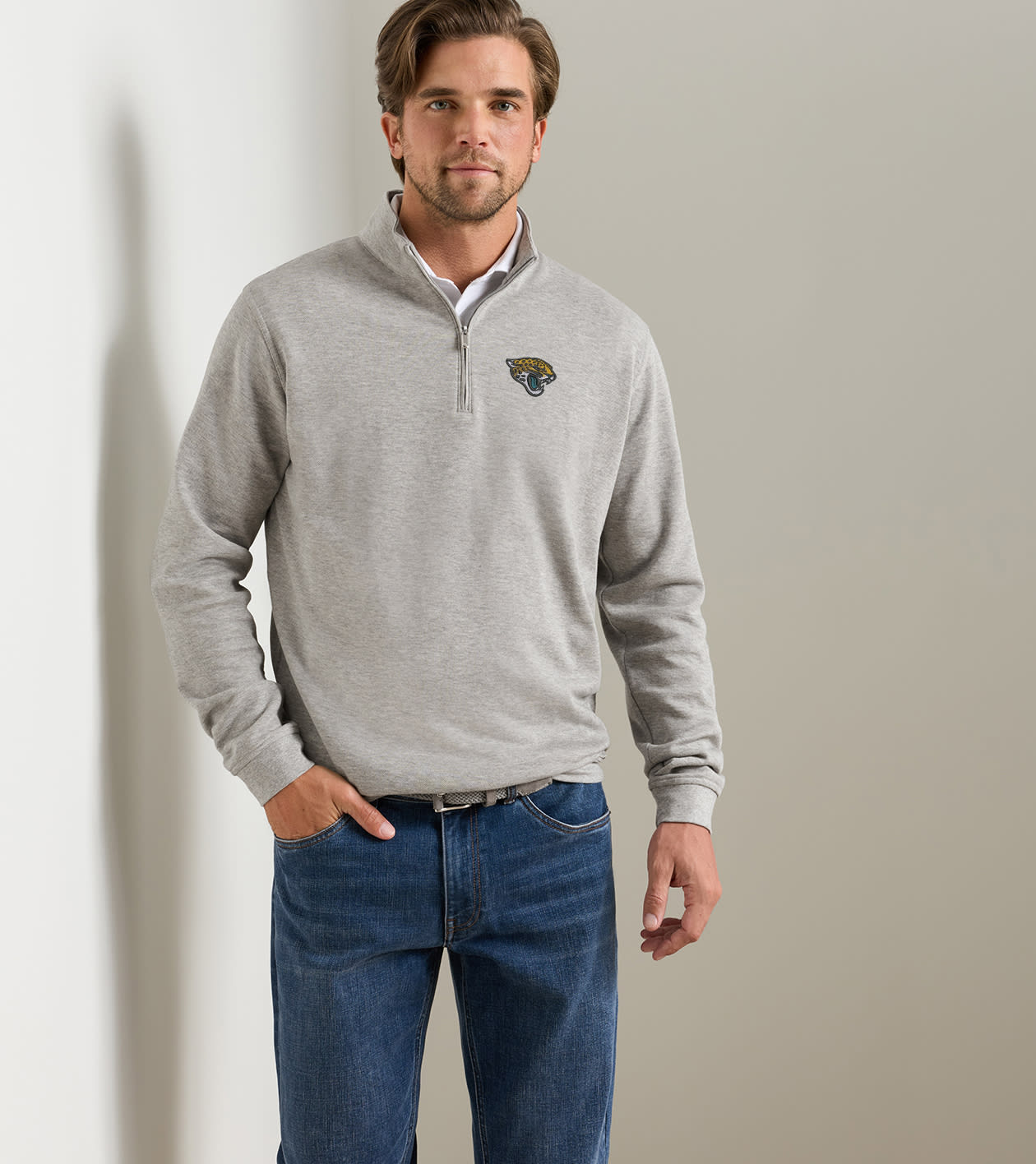 Jacksonville Jaguars Crown Comfort Quarter-Zip Pullover in Light Grey - Alternate Image 1