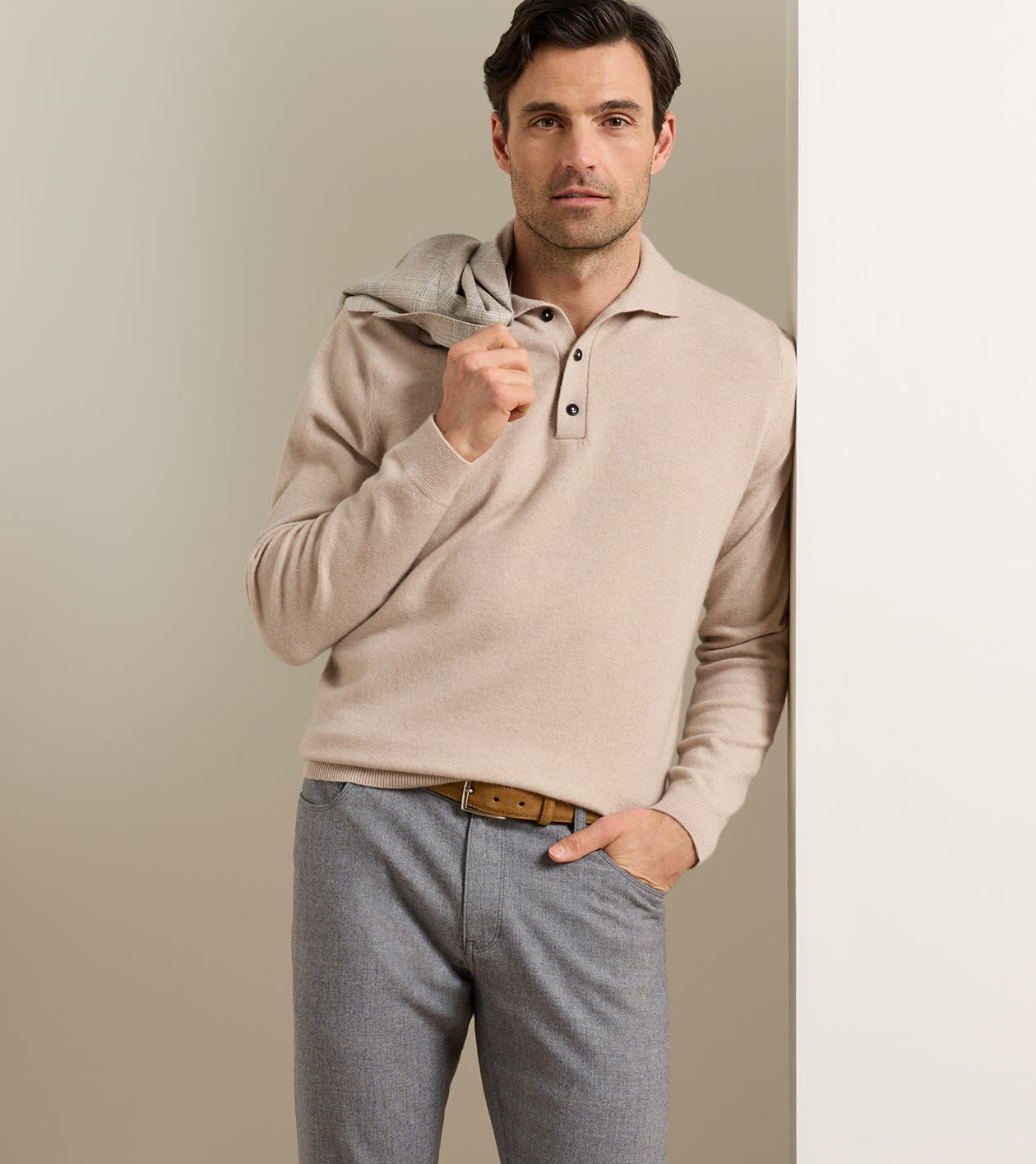 Artisan Crafted Cashmere Polo Sweater in Barley - Alternate Image 1
