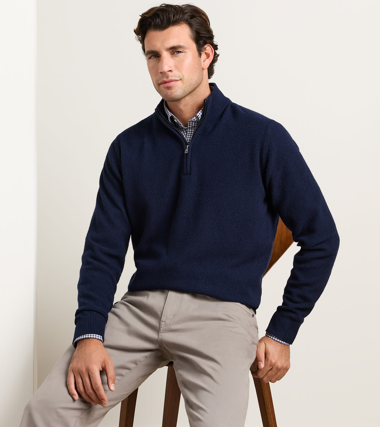 Crescent Texture Quarter Zip Sweater in Navy - Alternate Image 1