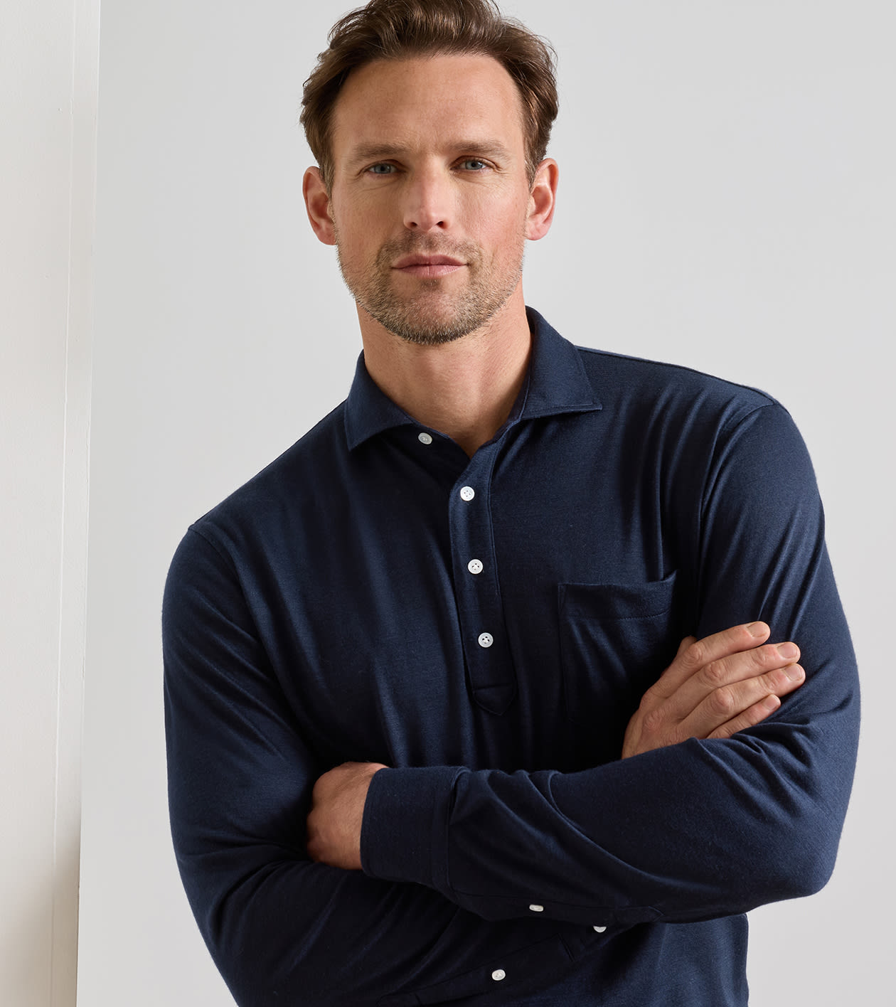Artisan Crafted Cashmere Long-Sleeve Knit Polo in Navy - Alternate Image 3