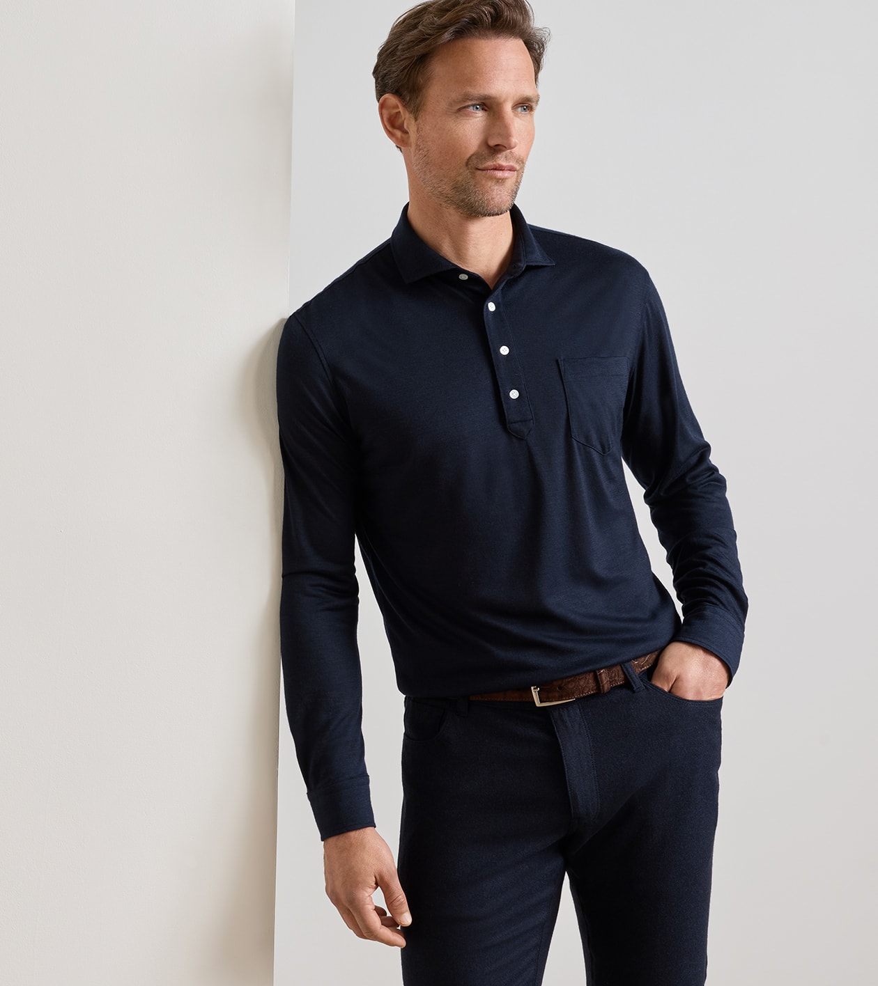 Artisan Crafted Cashmere Long-Sleeve Knit Polo in Navy - Alternate Image 1