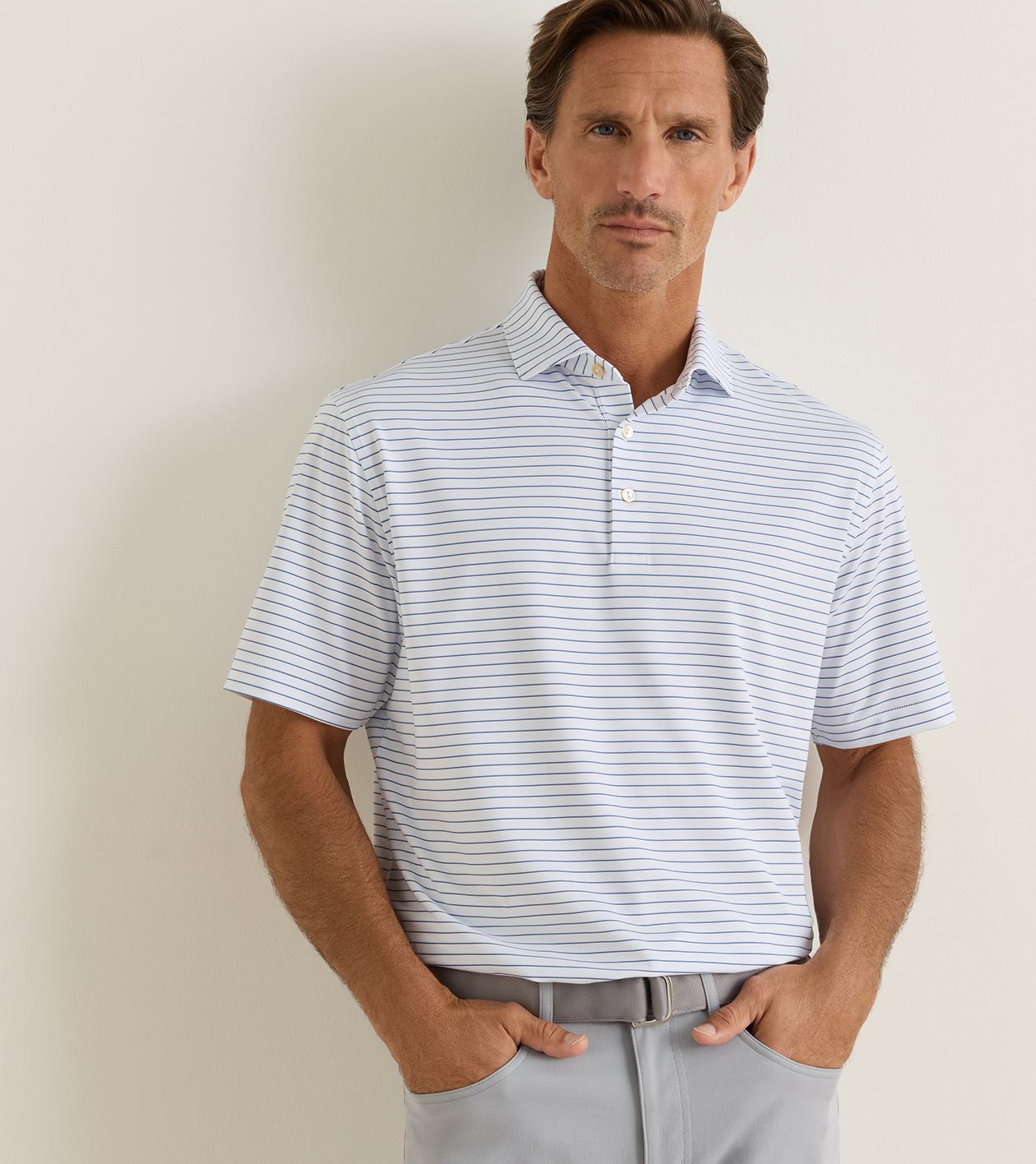 Oaks Performance Jersey Polo in WHITE/SPORT NAVY - Alternate Image 1