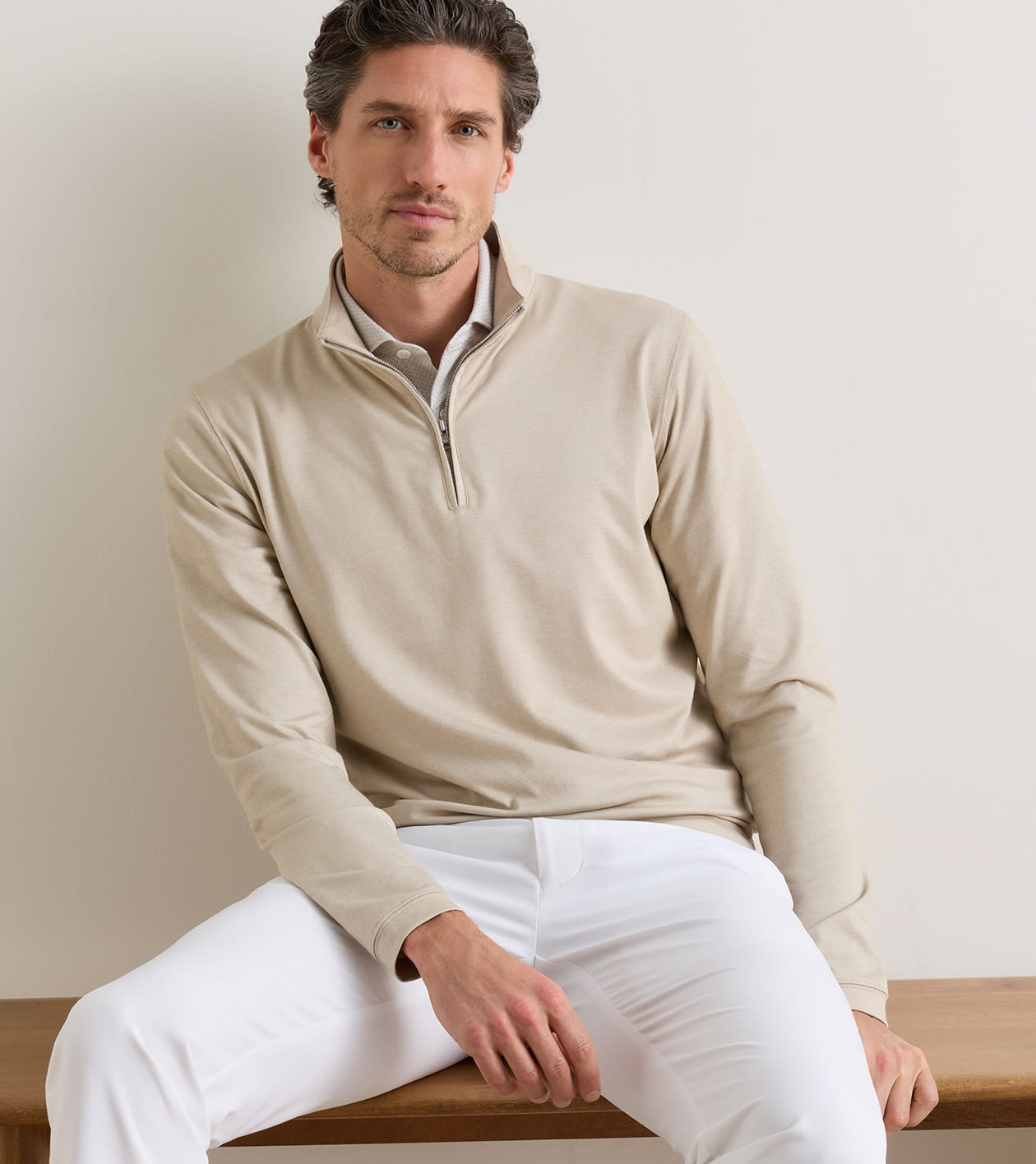 Albatross Cotton-Blend Piqu&eacute; Quarter-Zip in Oatmeal - Alternate Image 1